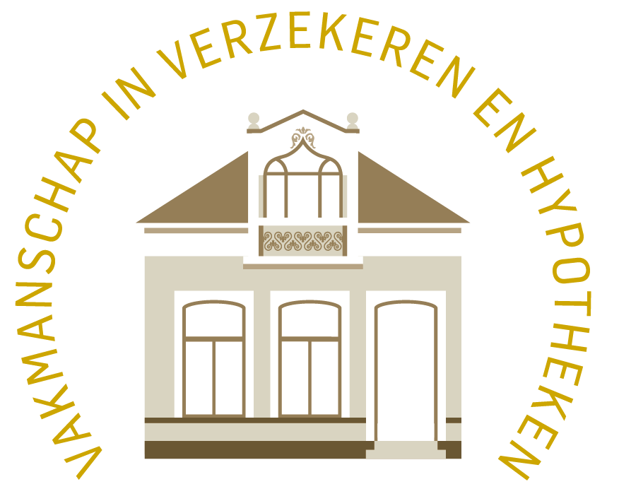 Logo met een illustration van een spectaculair oud huis en de tekst 'VAKMANSCHAP IN VERZEKEREN EN HYPOTHEKEN' rondom het huis.