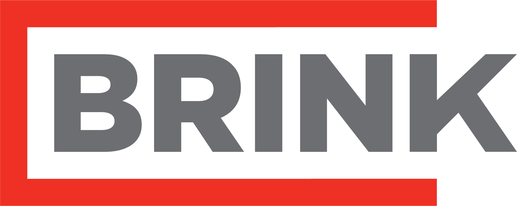 Bijvoorbeeld logo van Brink met de tekst in grijze letters op een zwarte achtergrond, met een rode band onderaan.