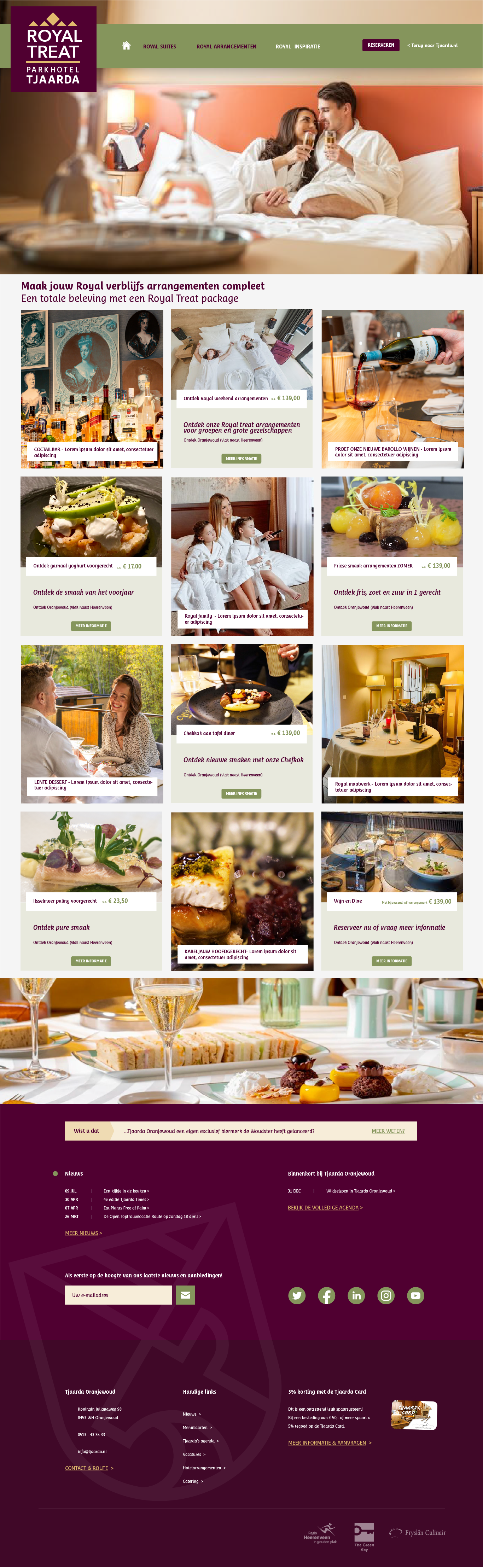 Afbeelding van een website voor hotel Royal Treat in Tjaarda, met foto's van luxe eten, gasten die ontspannen en een hotelkamer, en natuurlijke kleuren in het ontwerp.