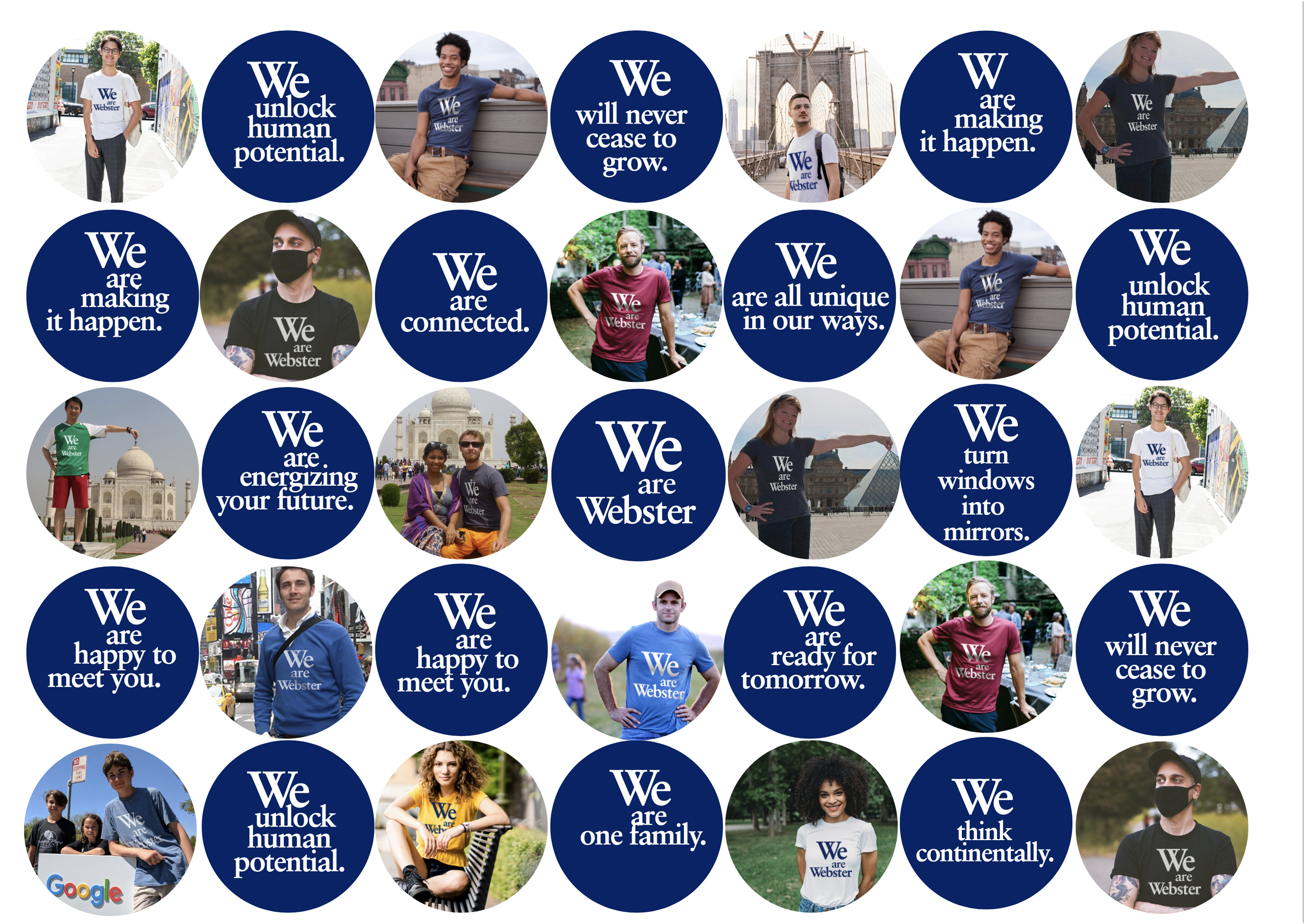 Een collage van mensen die dragen T-shirts of sweaters met de tekst 'We are Webster' en bollen met positieve uitspraken like 'We unlock human potential' en 'We will never cease to grow', in diverse omgevingen.