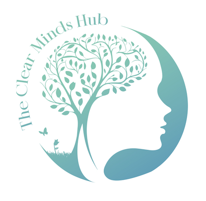 Logo for The Clear Minds Hub featuring a stylized tree with leaves, a woman’s face silhouette, and a circular design.