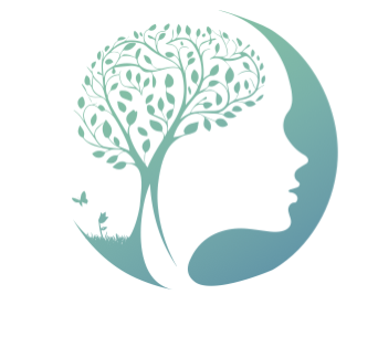 A stylized illustration combining a tree with green leaves and a human face in profile, with a small butterfly near the base of the tree.