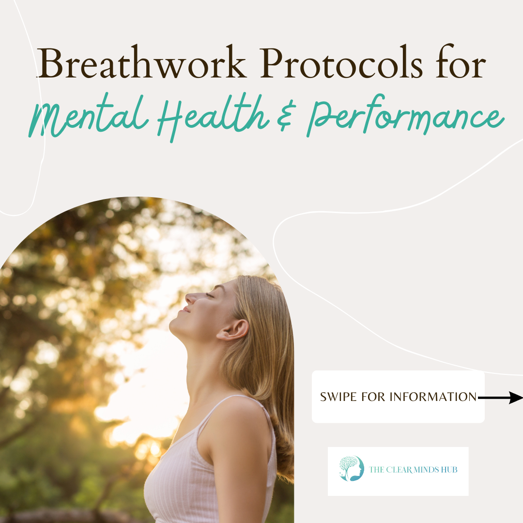 Cover page of a guide titled "Breathwork Protocols for Mental Health & Performance" with a photo of a woman outdoors, smiling and looking up at the sky, at sunset. There is a swipe for information arrow and a logo of a tree with the text "The Clear Minds Hub."