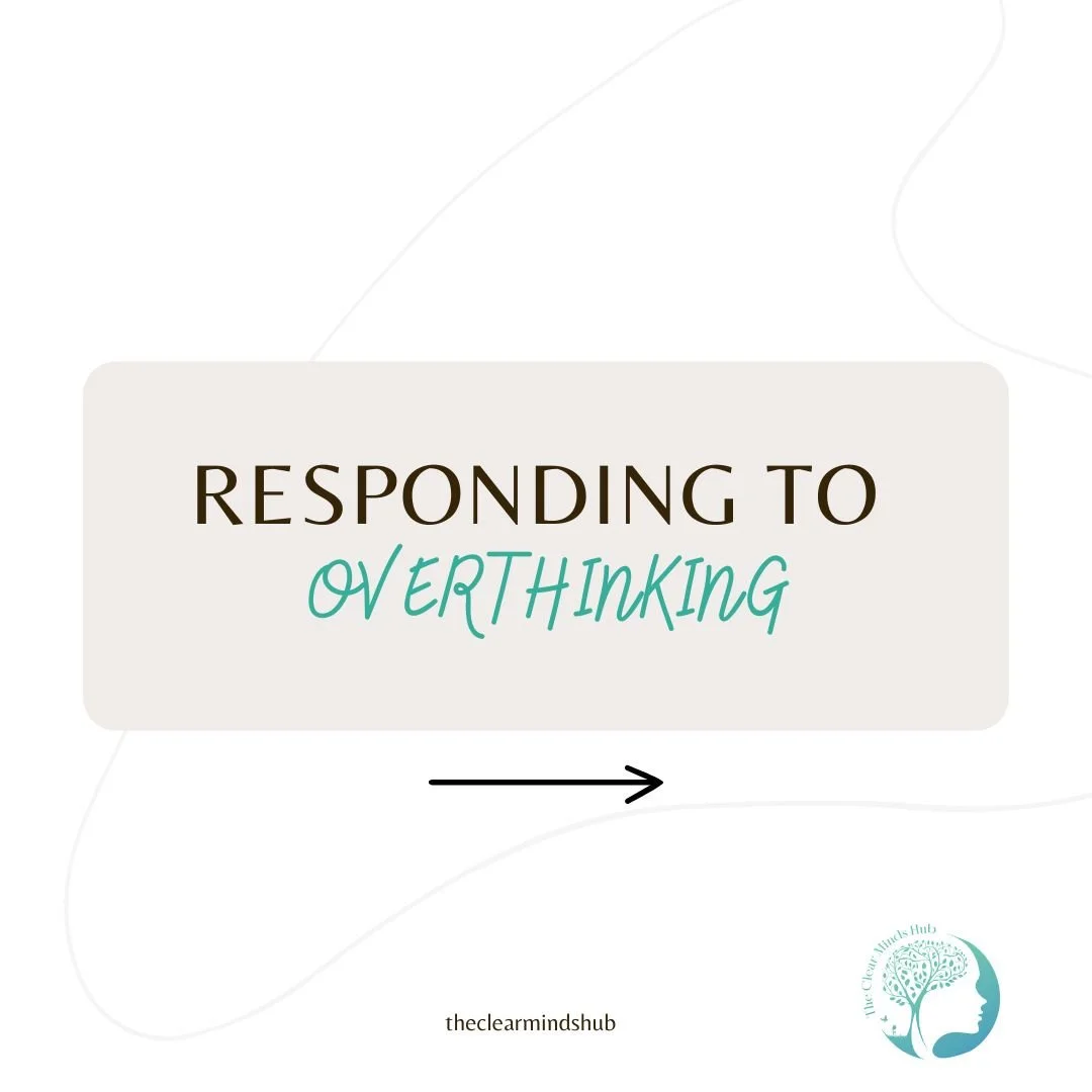 Slide with the text 'Responding to Overthinking' and an arrow pointing to the right, with a logo of a profile of a person's face and a tree inside a circle at the bottom right corner.