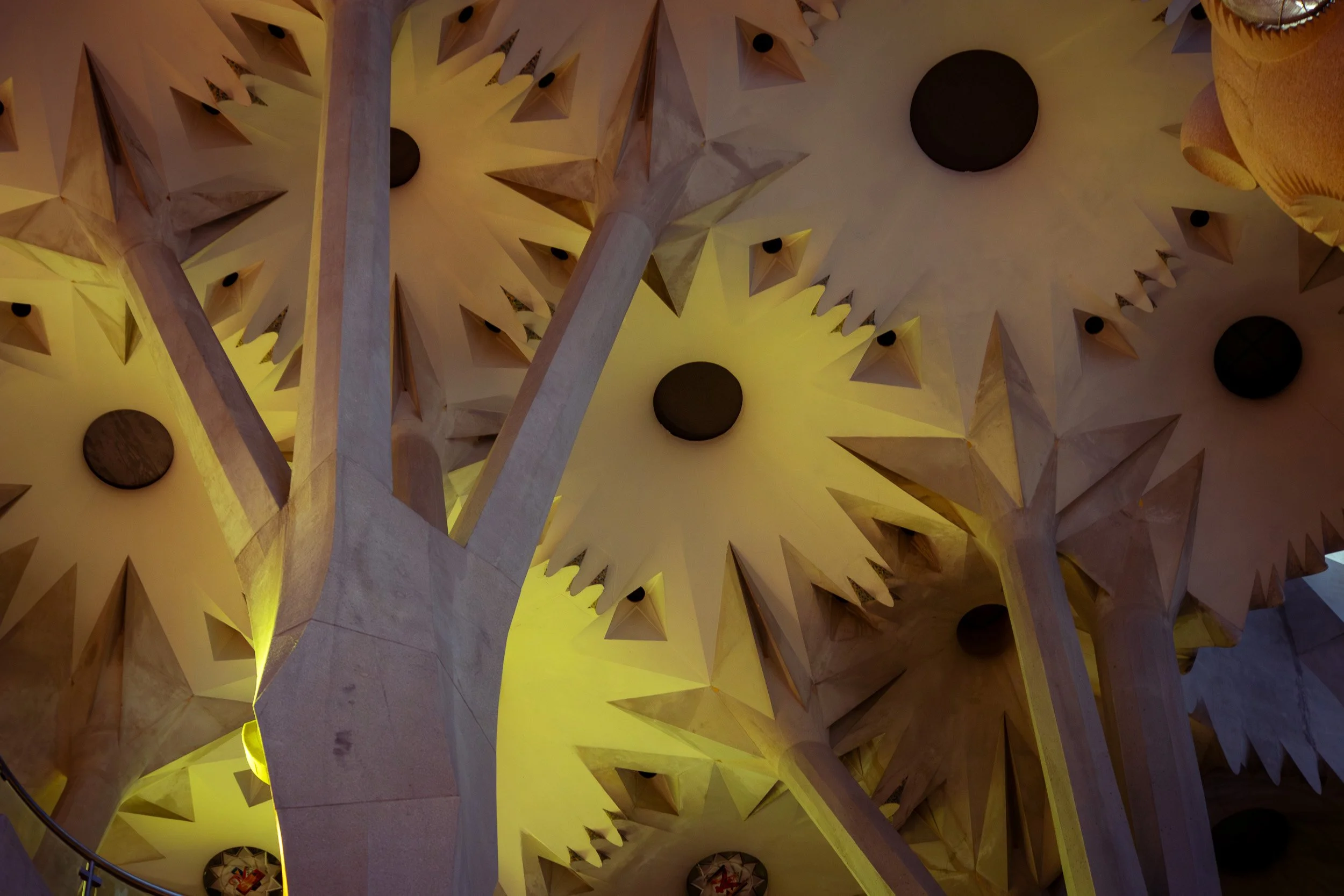 Close-up view of the ceiling inside La Sagrada Família in Barcelona, showing branching stone columns and star-shaped geometric patterns illuminated by warm light.