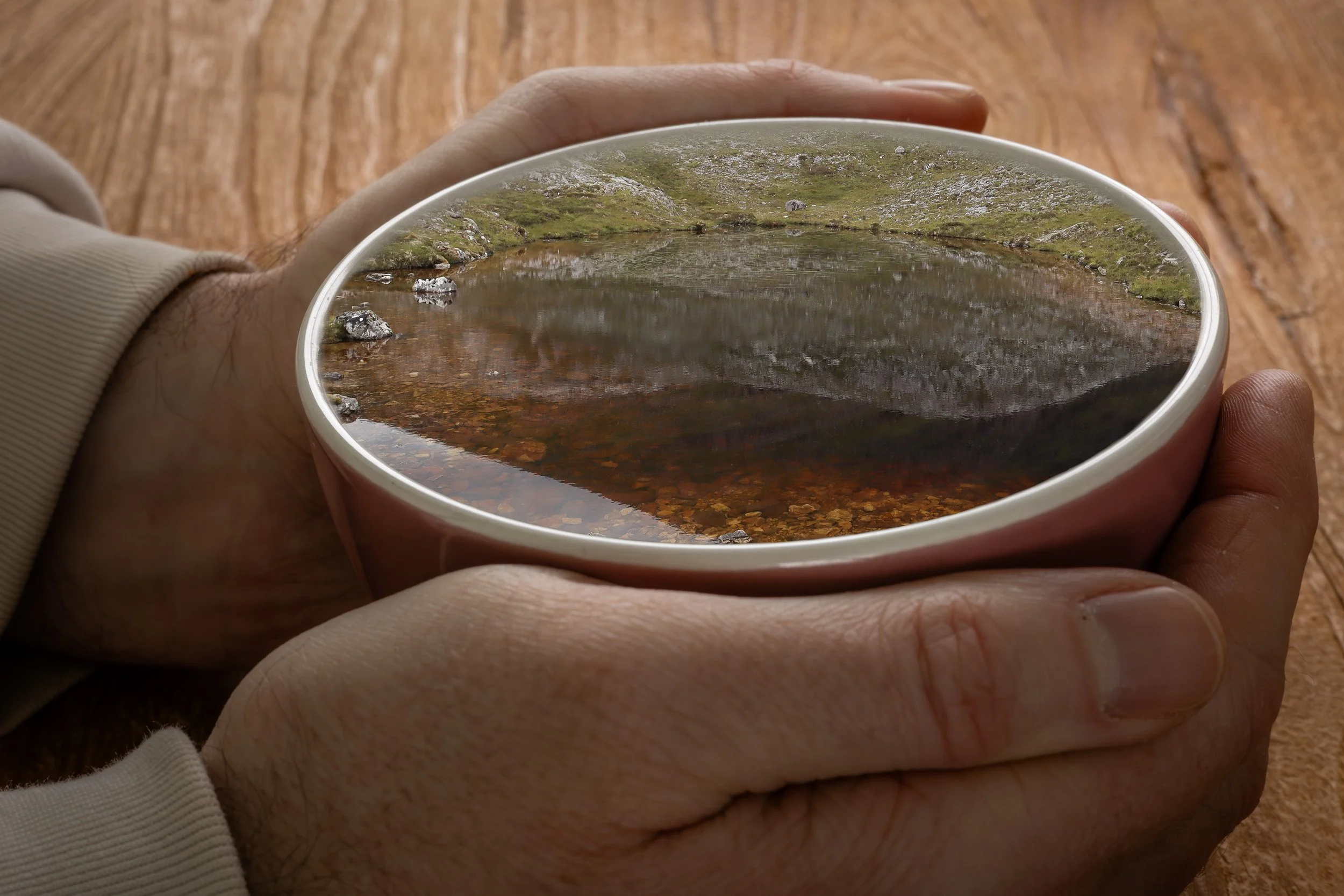Conceptual photograph of a small mountain lake appearing to fill a bowl held in two hands, creating the illusion of holding an entire landscape.