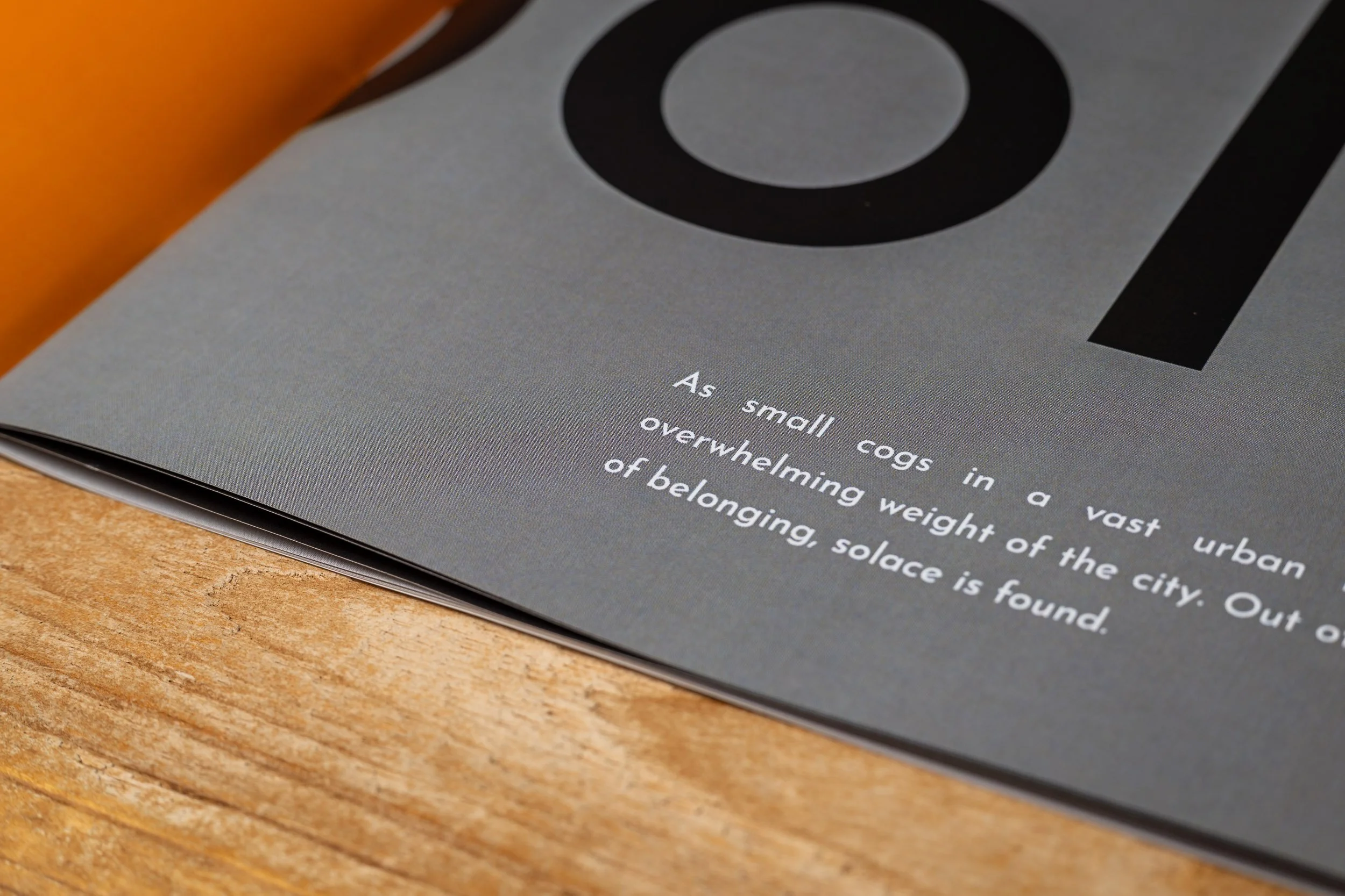 Detail of the photo booklet “Solace” on a wooden surface