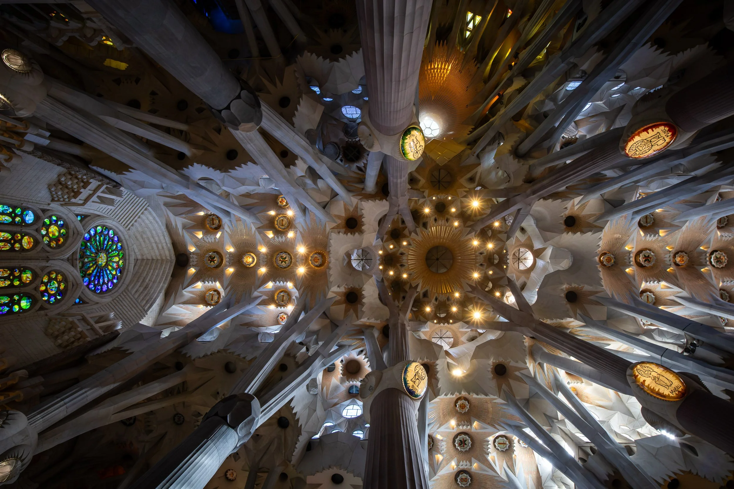 Upward view of the interior of La Sagrada Família in Barcelona, showing branching stone columns, geometric ceiling patterns, and warm lights radiating across the nave.