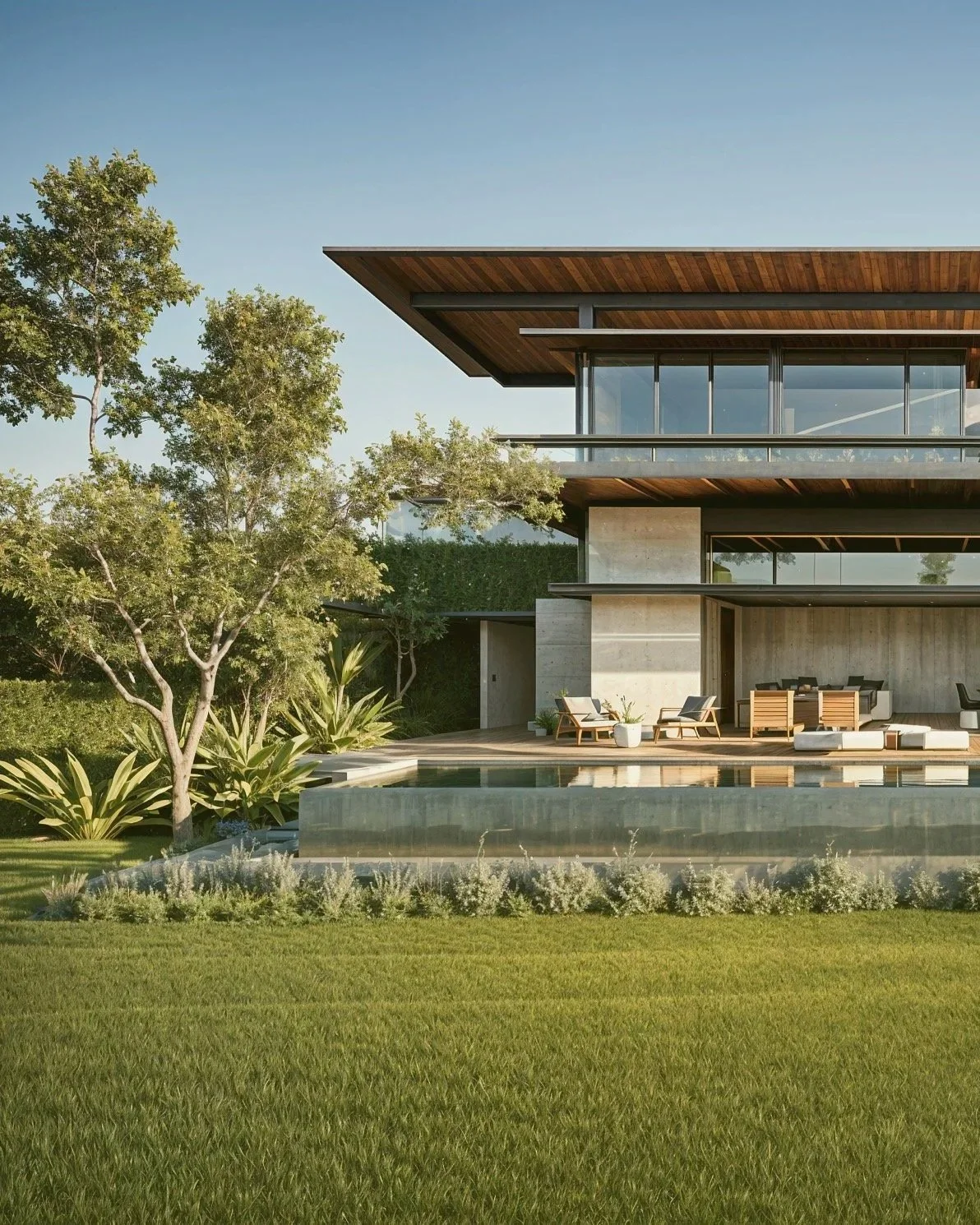 Modern two-story house with large glass windows, wooden accents, and outdoor patio area with seating, surrounded by green lawn and trees.