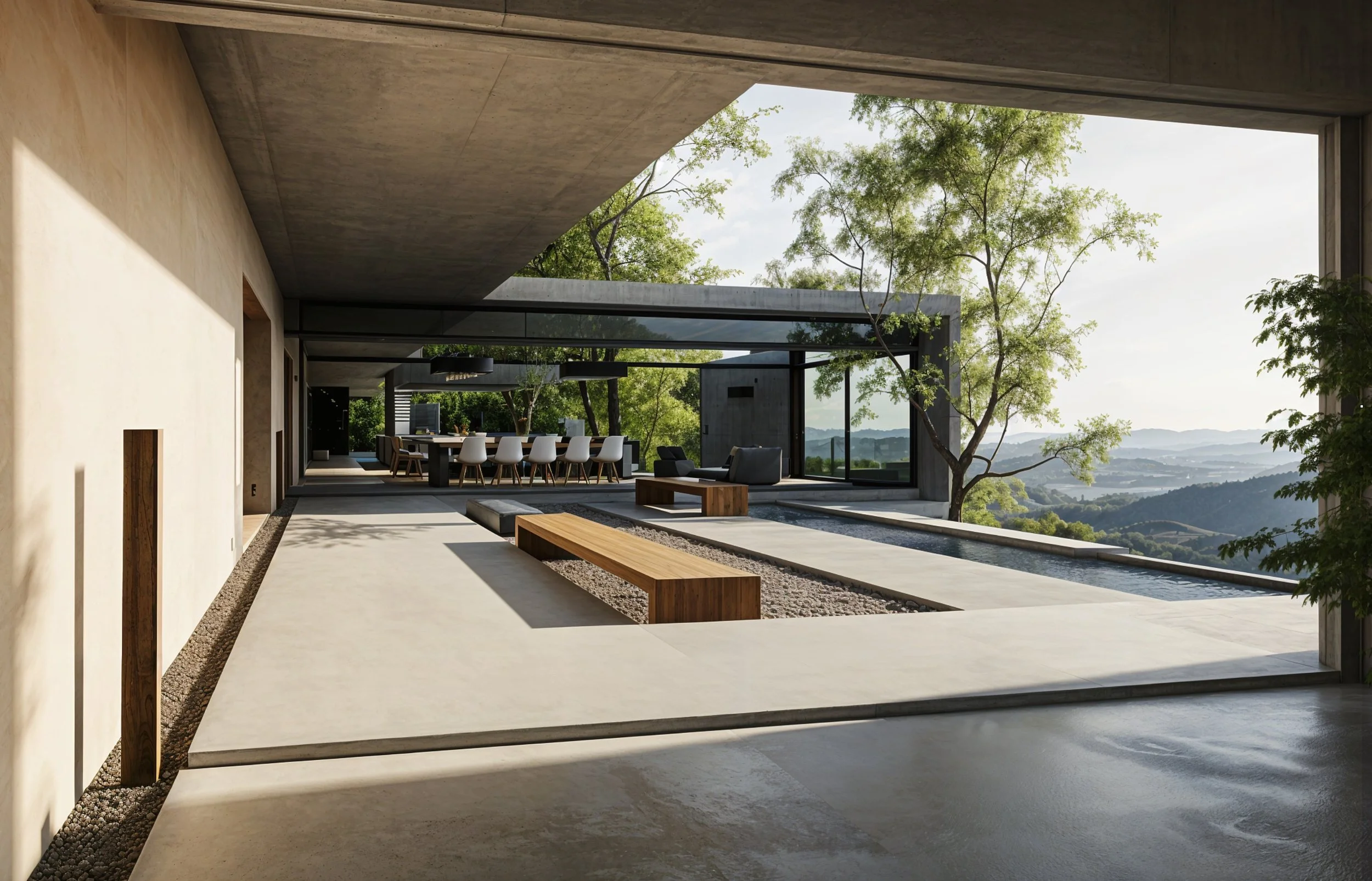 Modern outdoor living space with a pool, benches, and trees overlooking a scenic landscape.