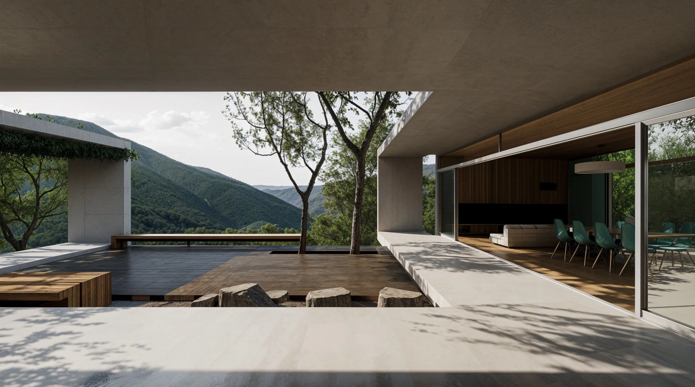 Modern house with open outdoor patio and scenic mountain view, featuring trees, a wooden bench, rocks, and a modern interior with a dining table and chairs.