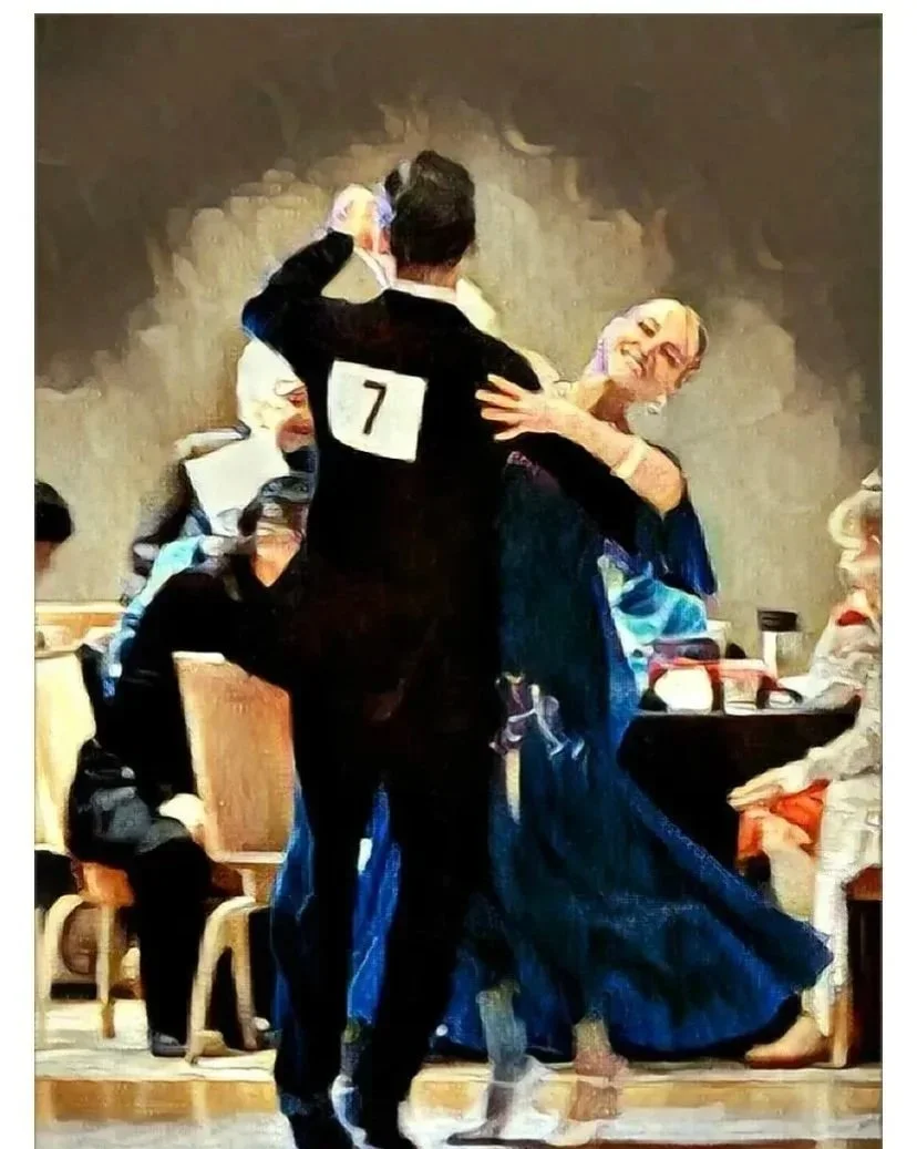 A couple dancing together at a formal event, with the man wearing a tuxedo with a number 7 on his back and the woman wearing an elegant blue gown, surrounded by seated guests.