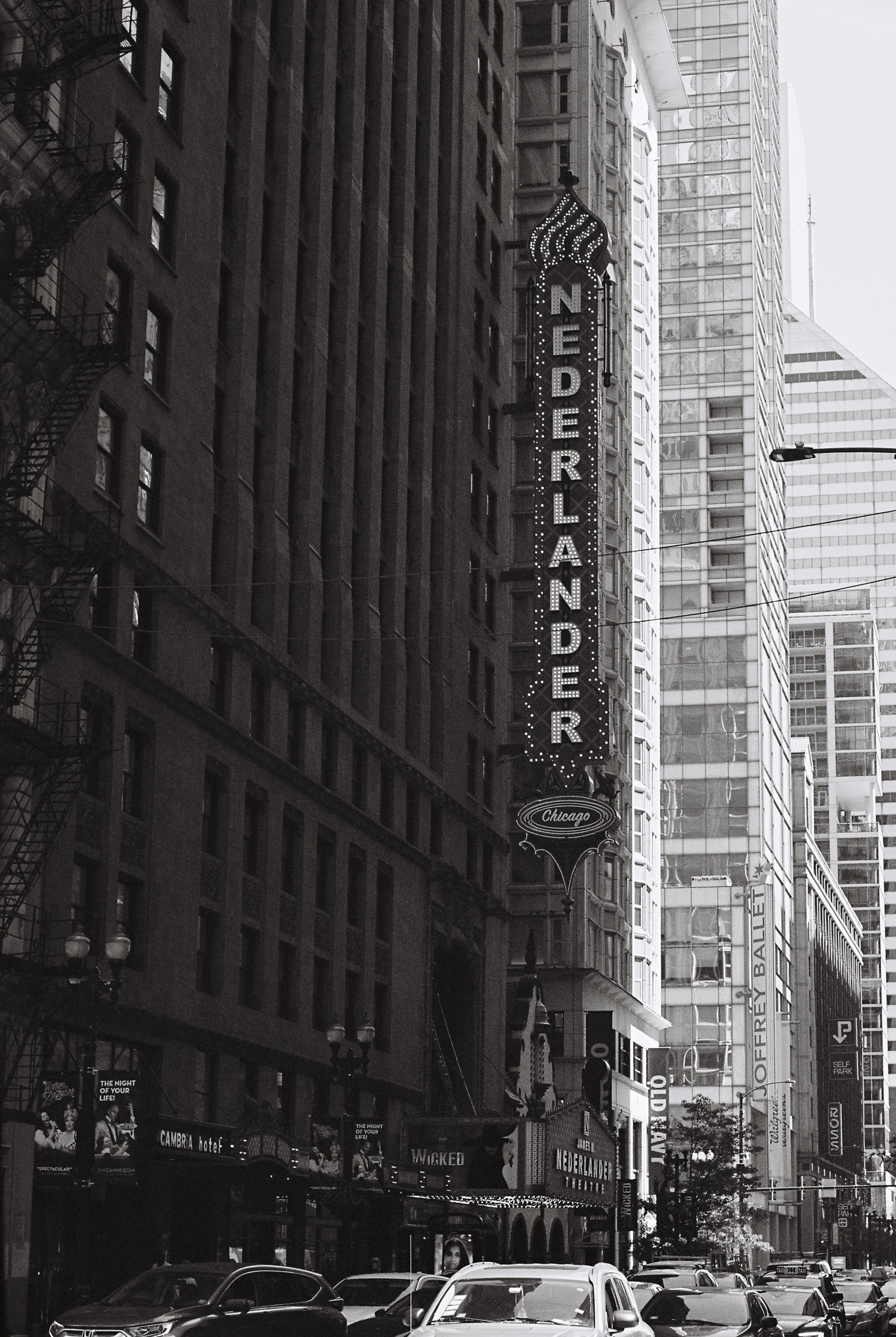 Black and white photograph of Chicago Theatre marquee with illuminated vertical sign reading 'Nederlander'. Tall buildings surround the marquee, with cars parked on the street in front.