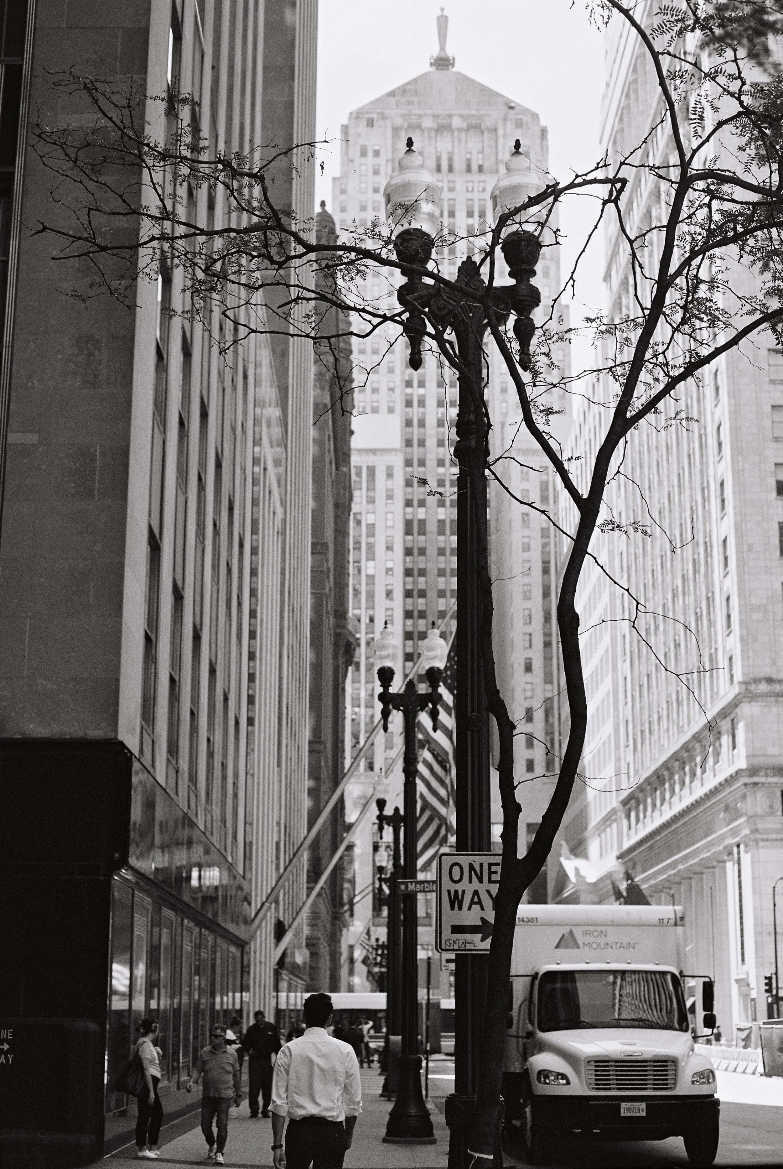 Black and white photo of a city street with pedestrians, street lamps, and tall skyscrapers. A tree with sparse branches is in the foreground, with an American flag visible in the background.