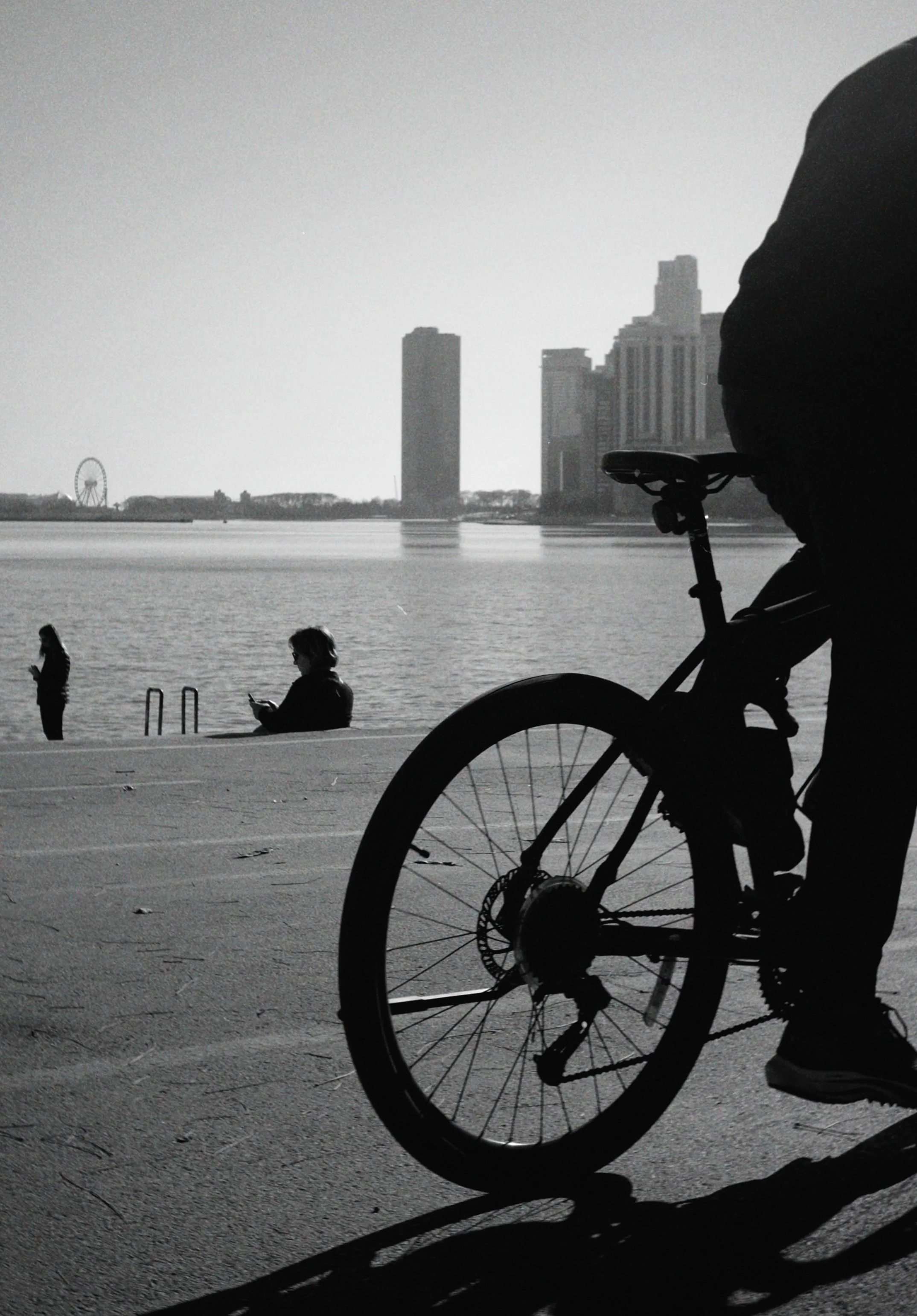 Silhouette of a person riding a bicycle along a waterfront with city skyscrapers in the background, others near the water and a ferris wheel visible in the distance.