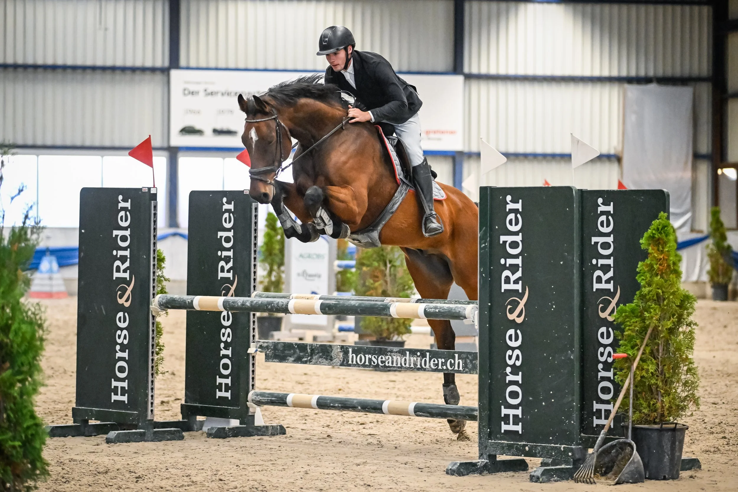 Reiter springt auf einem Springsattel über einen Hindernis in einer Hallenreitanlage.