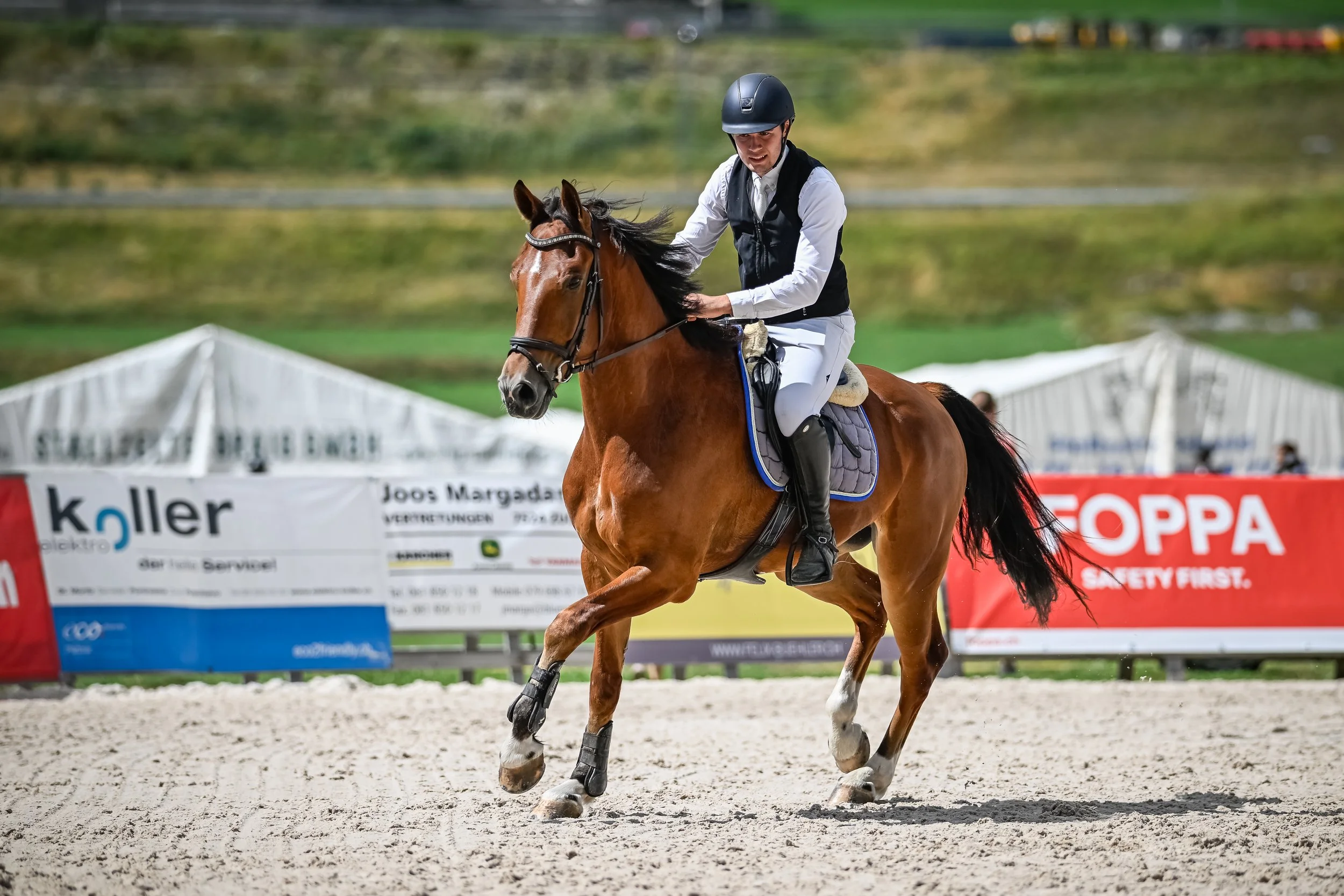 Reitturnier mit einem Reiter in formeller Kleidung und Helm auf einem braunen Pferd auf einer Sandbahn, im Hintergrund Sponsorbanner und eine hügelige Landschaft.