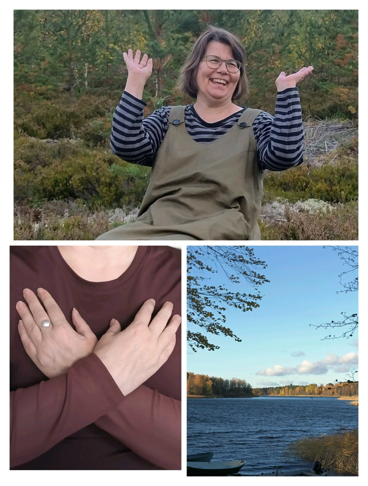 The collage features three images: the top image shows a woman outdoors in a forest, smiling and raising her hands; the bottom left image displays a person with crossed arms, wearing a ring and a long-sleeve shirt; the bottom right image is a landsca