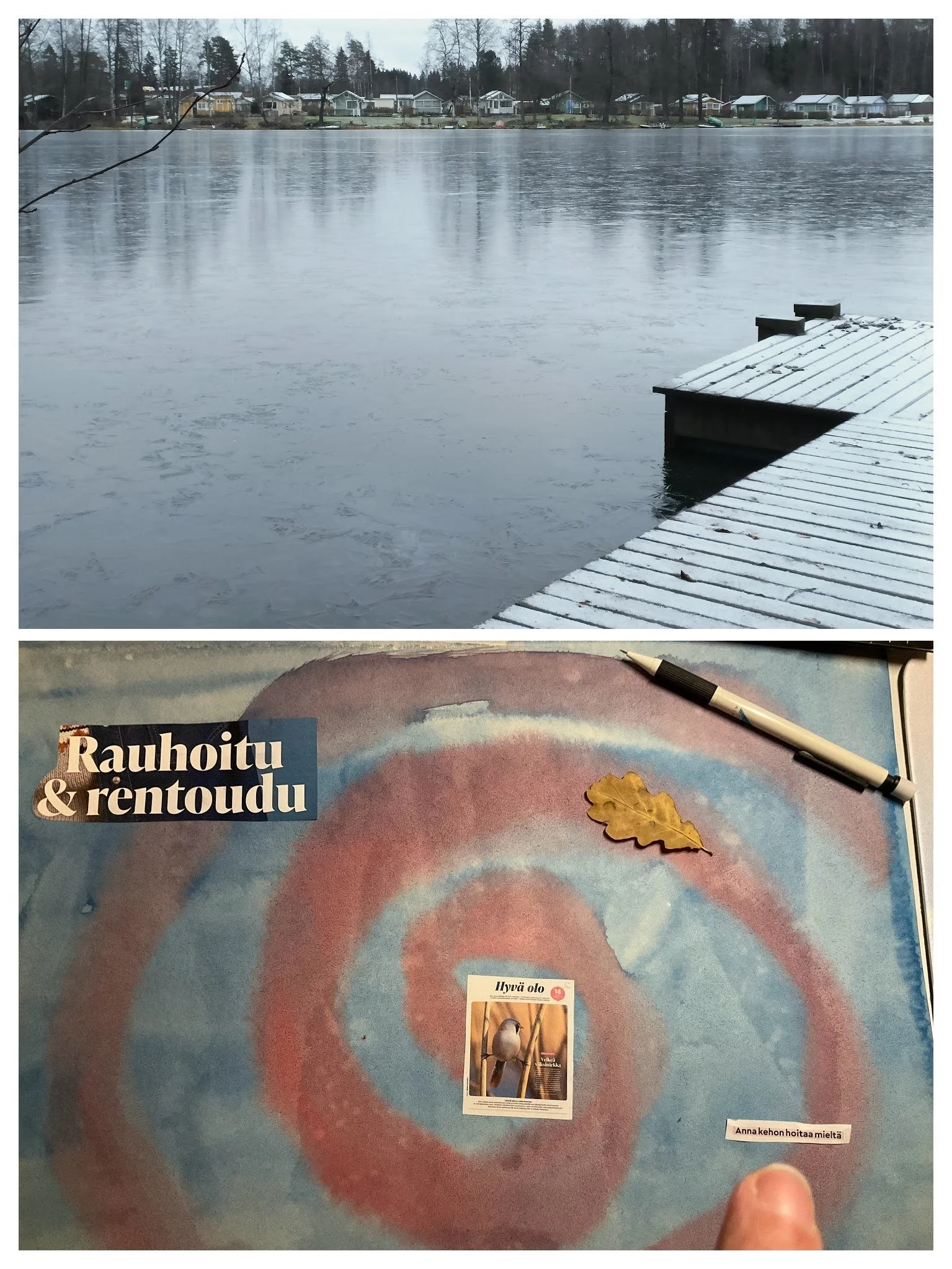 The image contains two parts: the top part shows a winter scene by a frozen lake with houses in the background and a snow-covered dock in the foreground, and the bottom part shows a book with the title 'Rauhoitu & rentoudu,' a leaf, a small photo of 