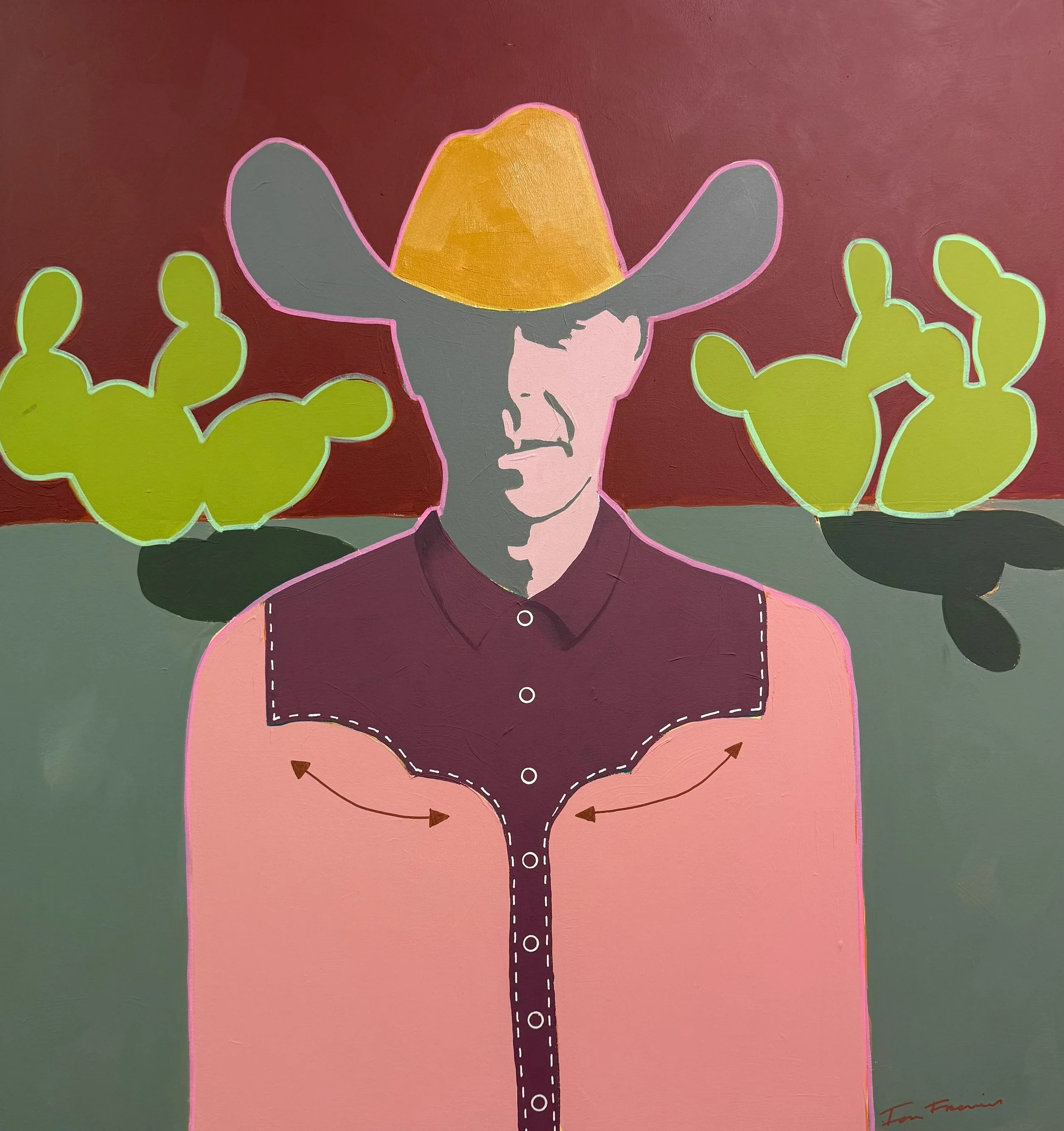 Artistic depiction of a cowboy with a large yellow hat, sunglasses, and a patterned pink shirt, surrounded by bright green cacti on a pink and red background.