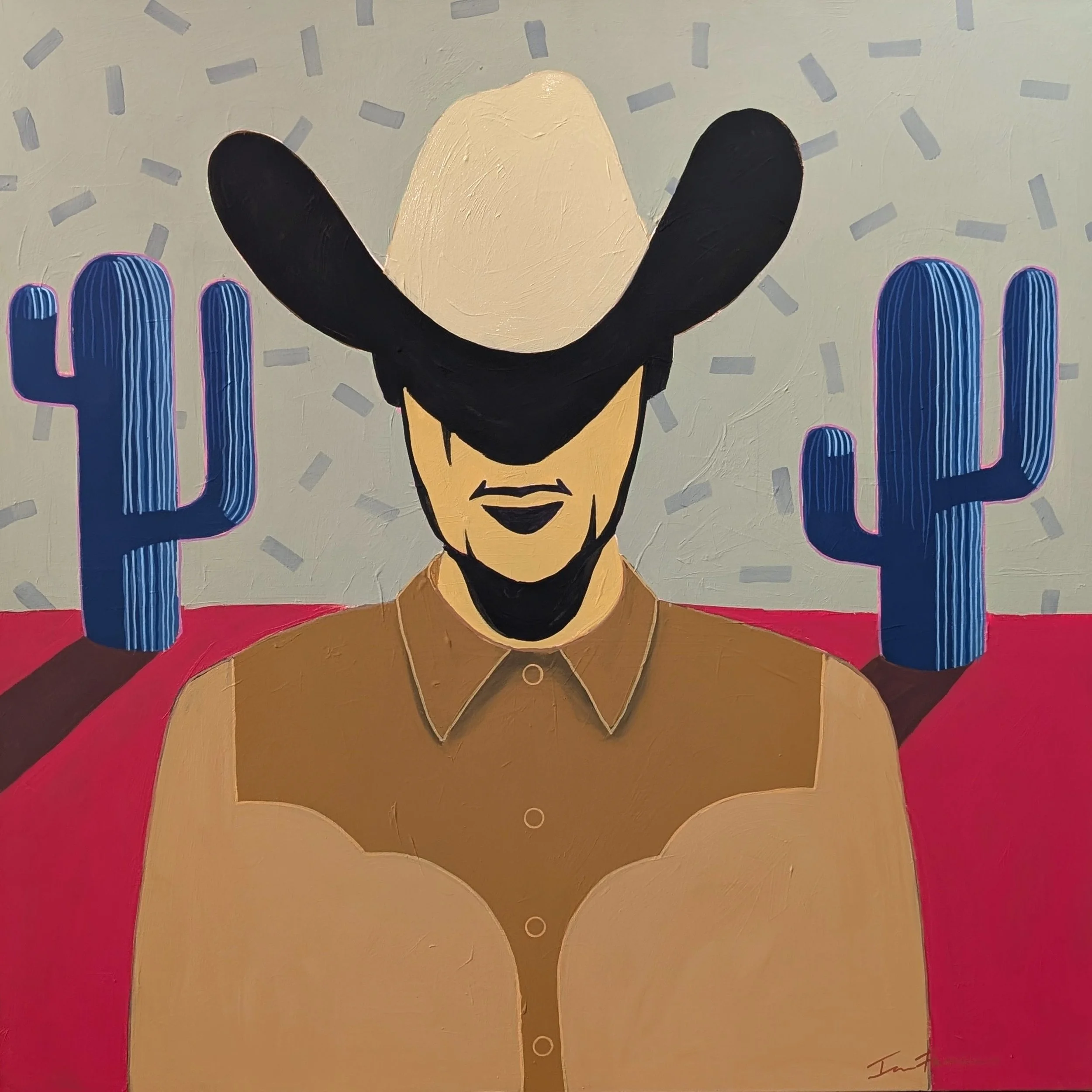 Painting of a stylized person with long black hair, closed eyes, and a neutral expression, surrounded by blue hands with pink outlines, set against a background of yellow and pink with scattered gray lines.