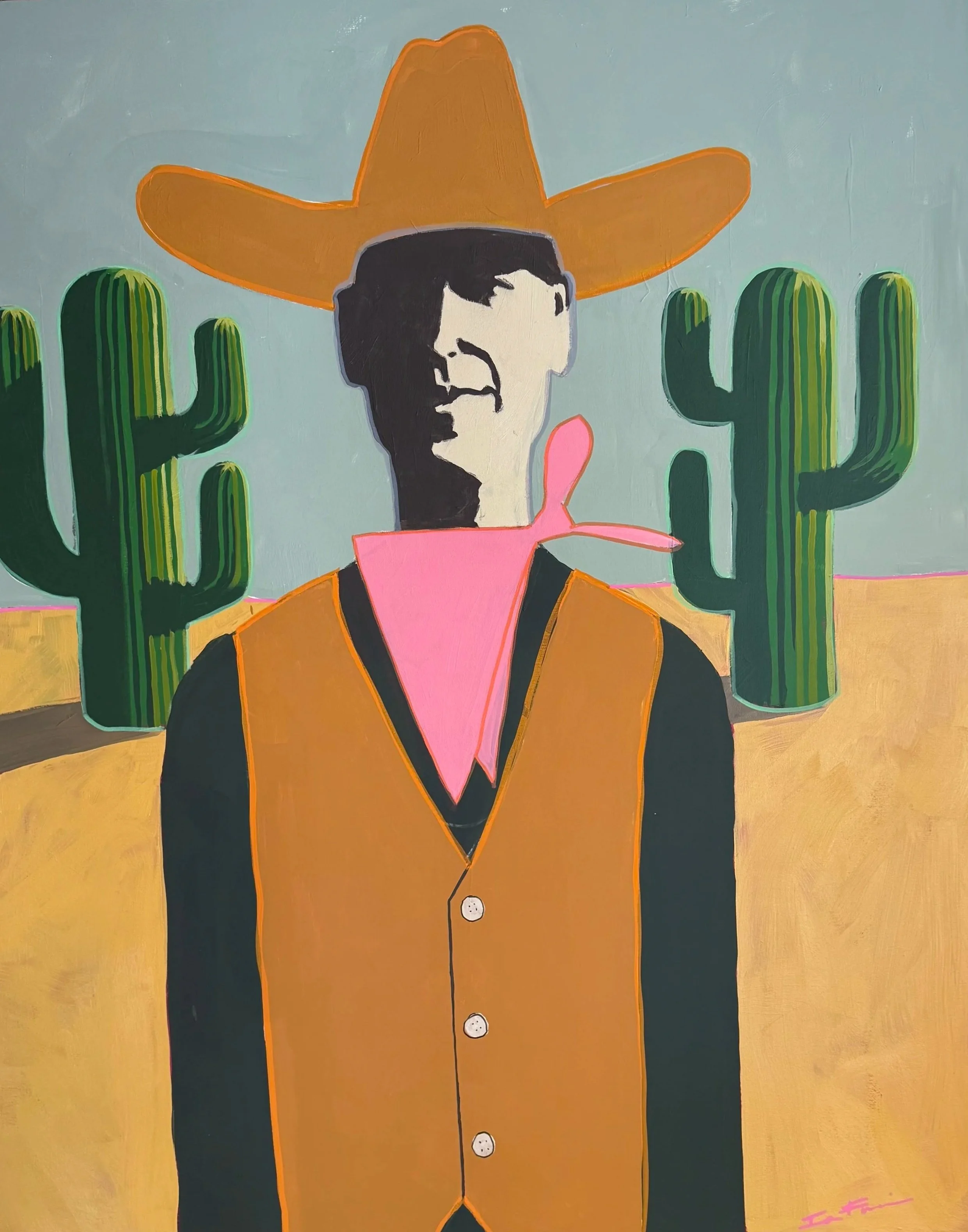 Painting of a person wearing a large orange hat, black framed glasses, a pink scarf, and a black and orange outfit, set against a background of green cacti and a yellow ground.