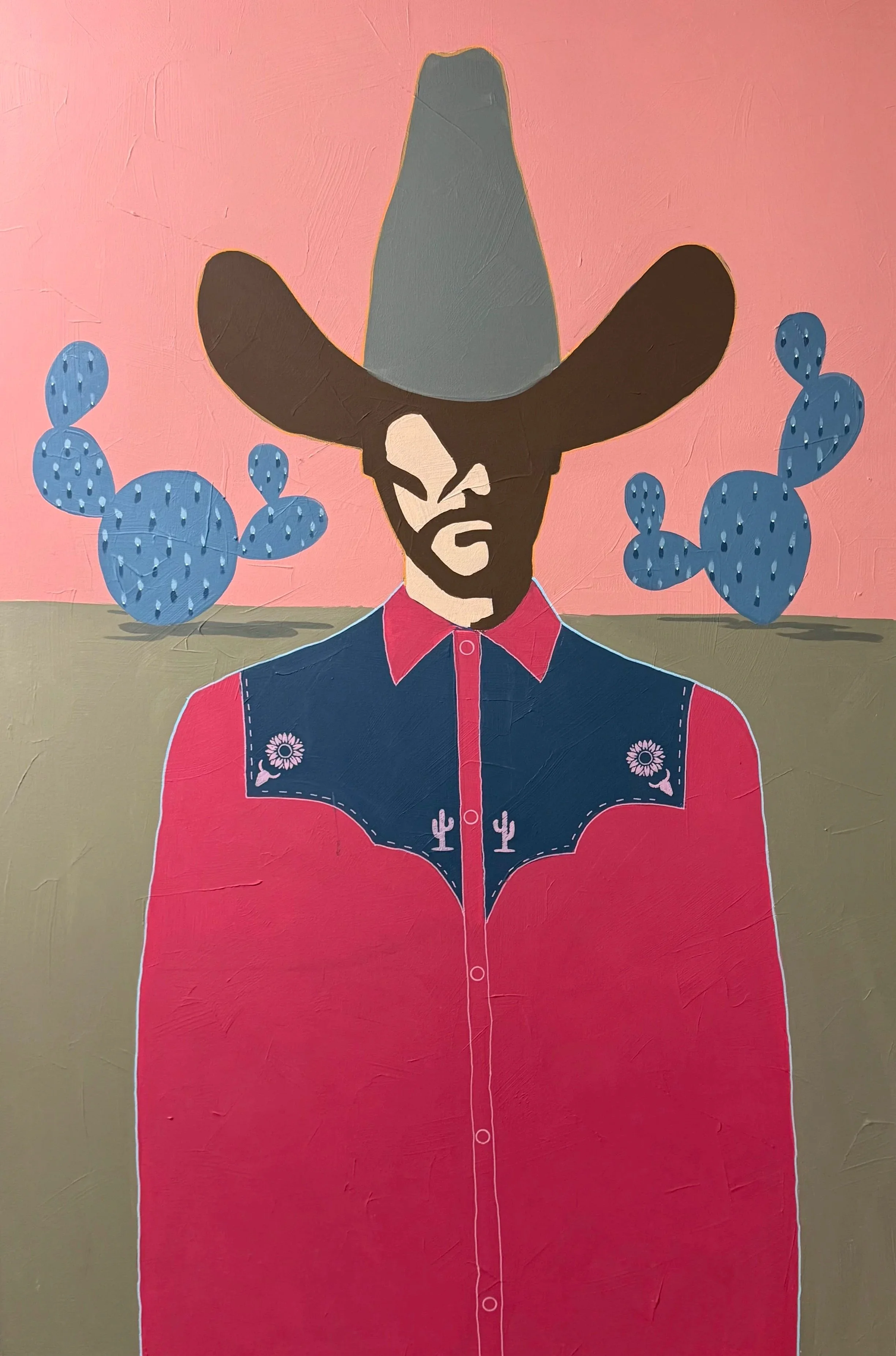 Painting of a person wearing a cowboy hat and a pink shirt, with a background of blue cacti on a desert landscape.