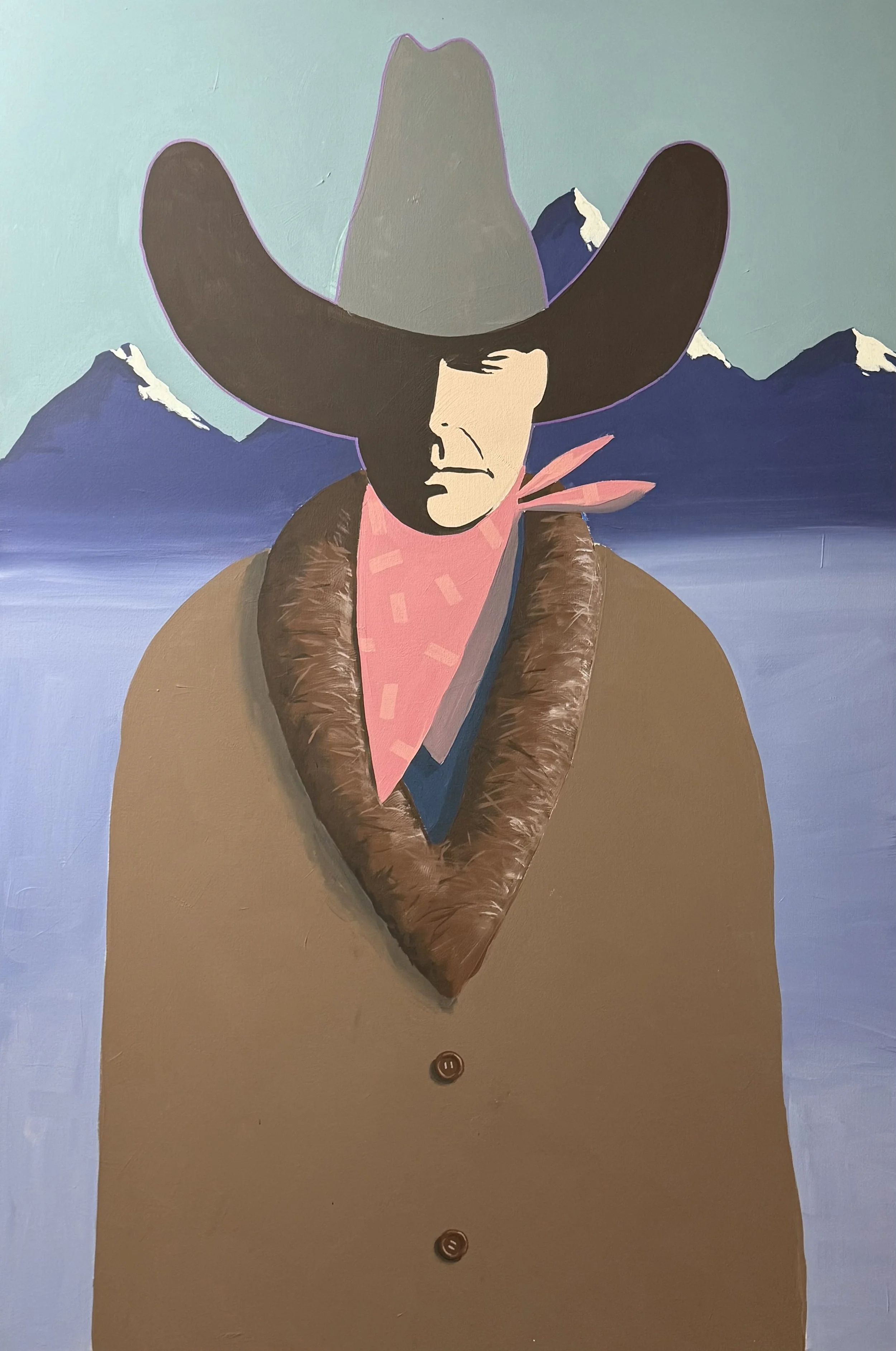 Painting of a cowboy with a large hat, wearing a pink bandana and a beige coat, set against a mountain landscape with snow-capped peaks and a lake.
