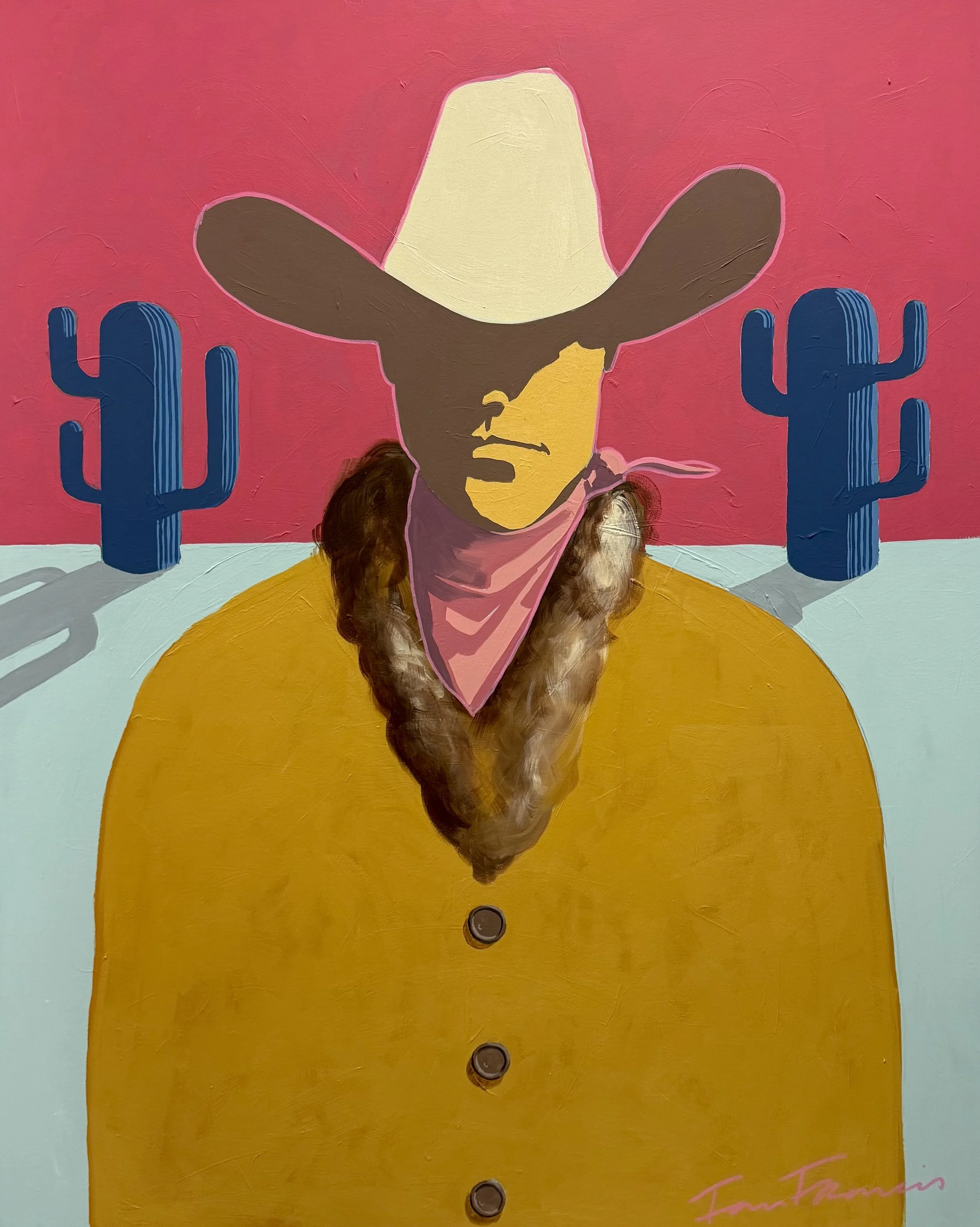 A painted portrait of a woman wearing a large cowboy hat, with blue cactus plants on a pink background, and buttons down her yellow shirt.