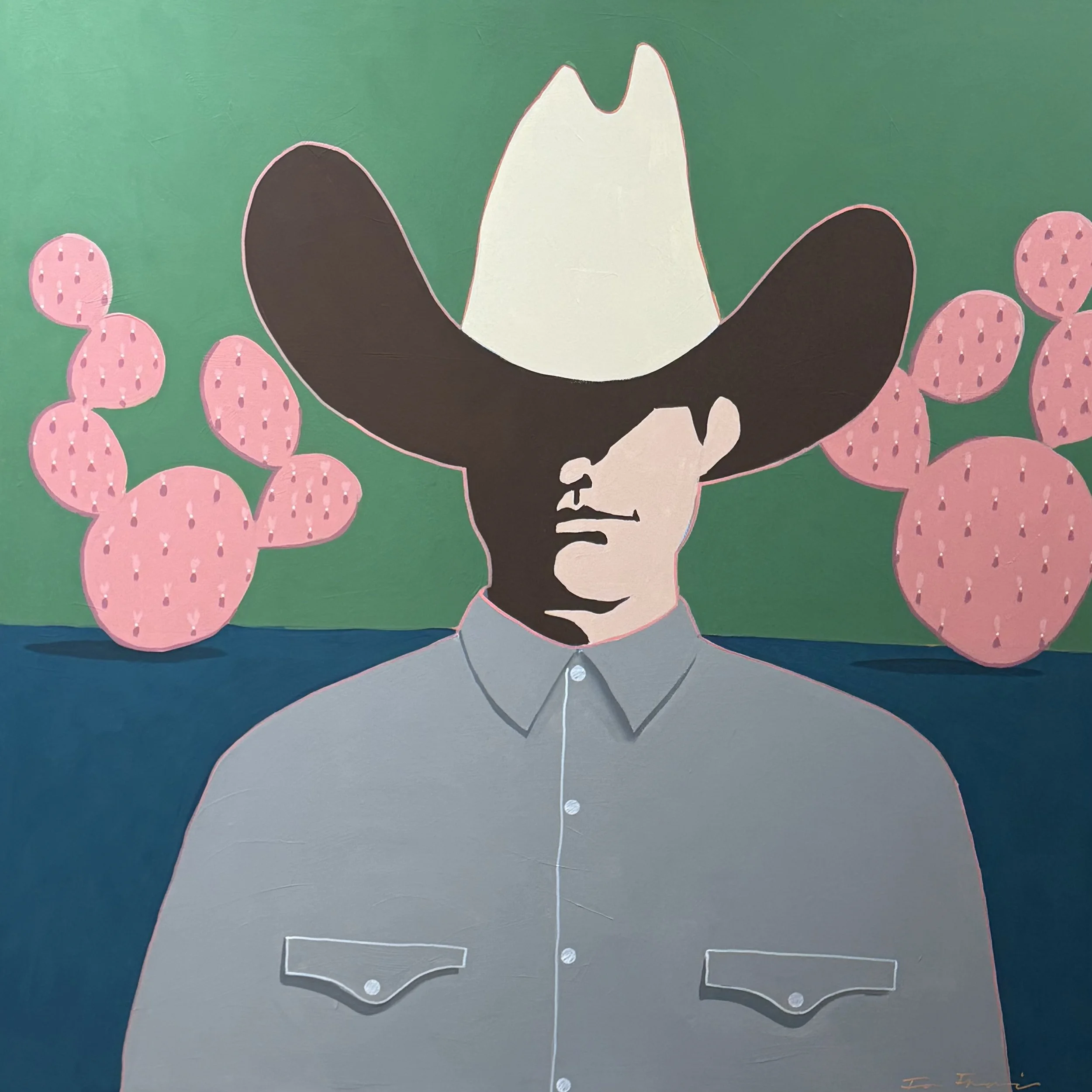 A colorful painting of a woman with closed eyes, pink cacti surrounding her, a green background, and her hand near her face, created with stylized shapes and bold outlines.