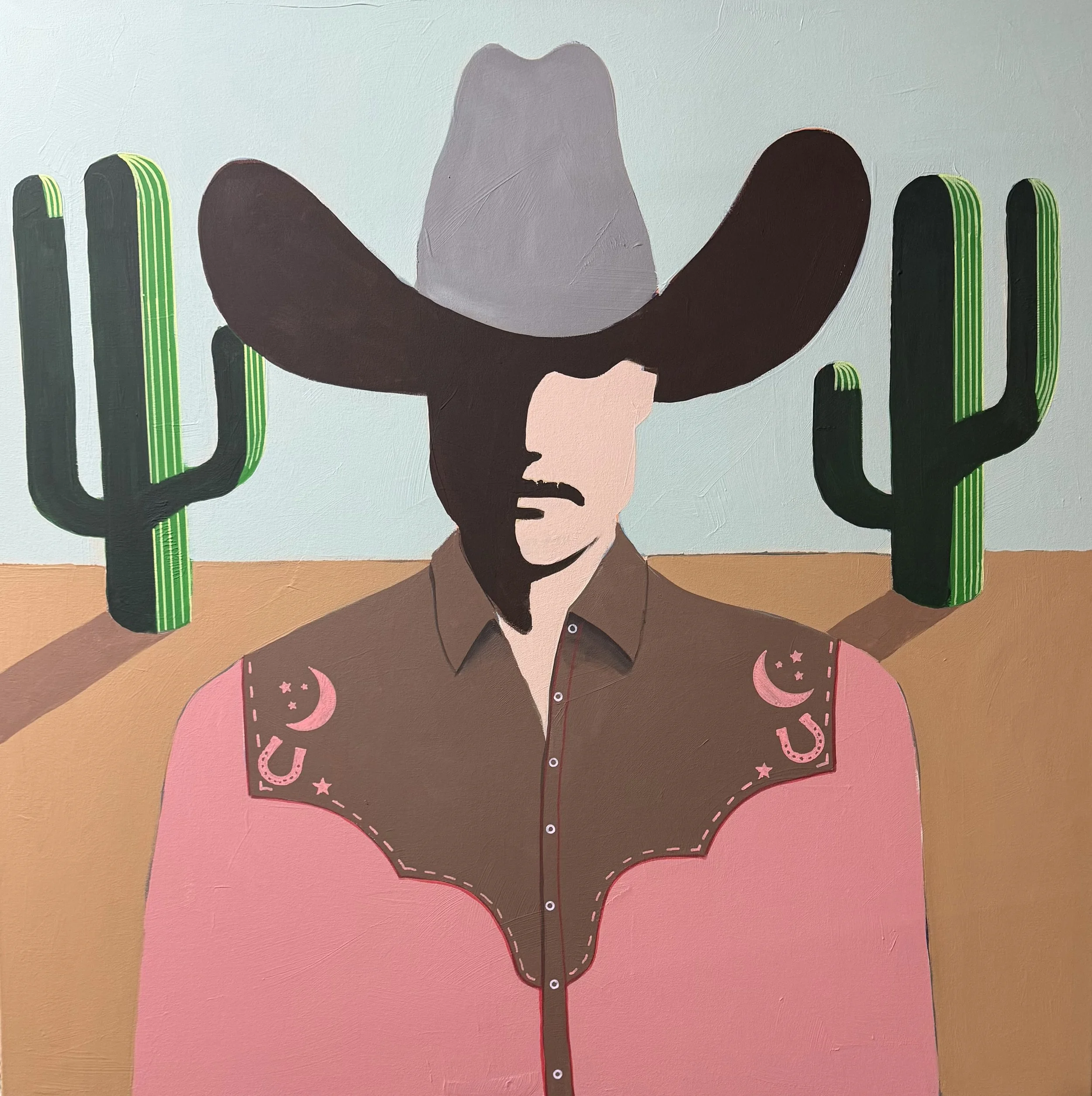 Painting of a person's face with short dark hair, and a wide-brimmed dark gray hat, surrounded by green cacti and pink background.