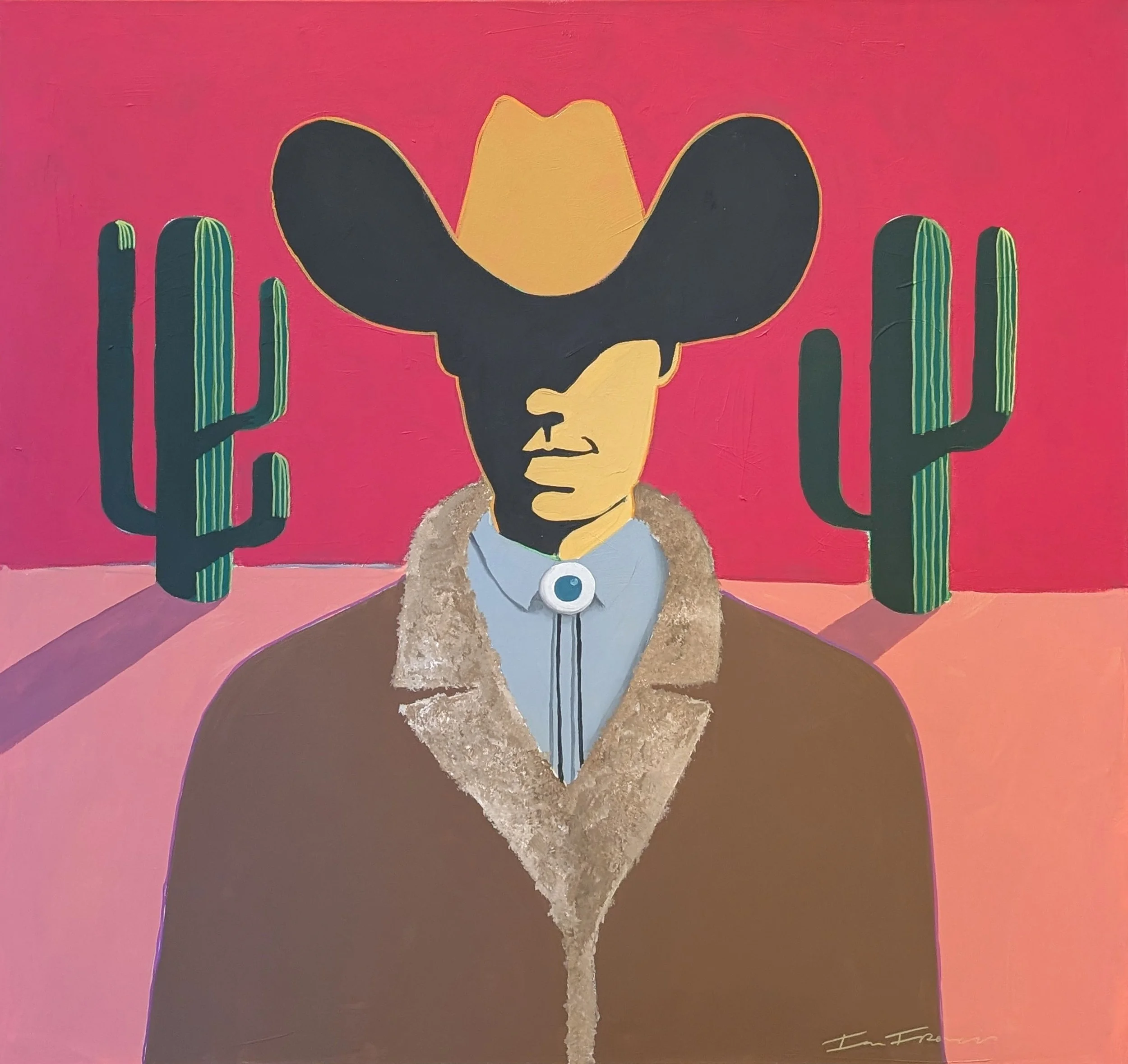 A painting of a woman with black hair, holding two large green cacti, on a pink and brown background.