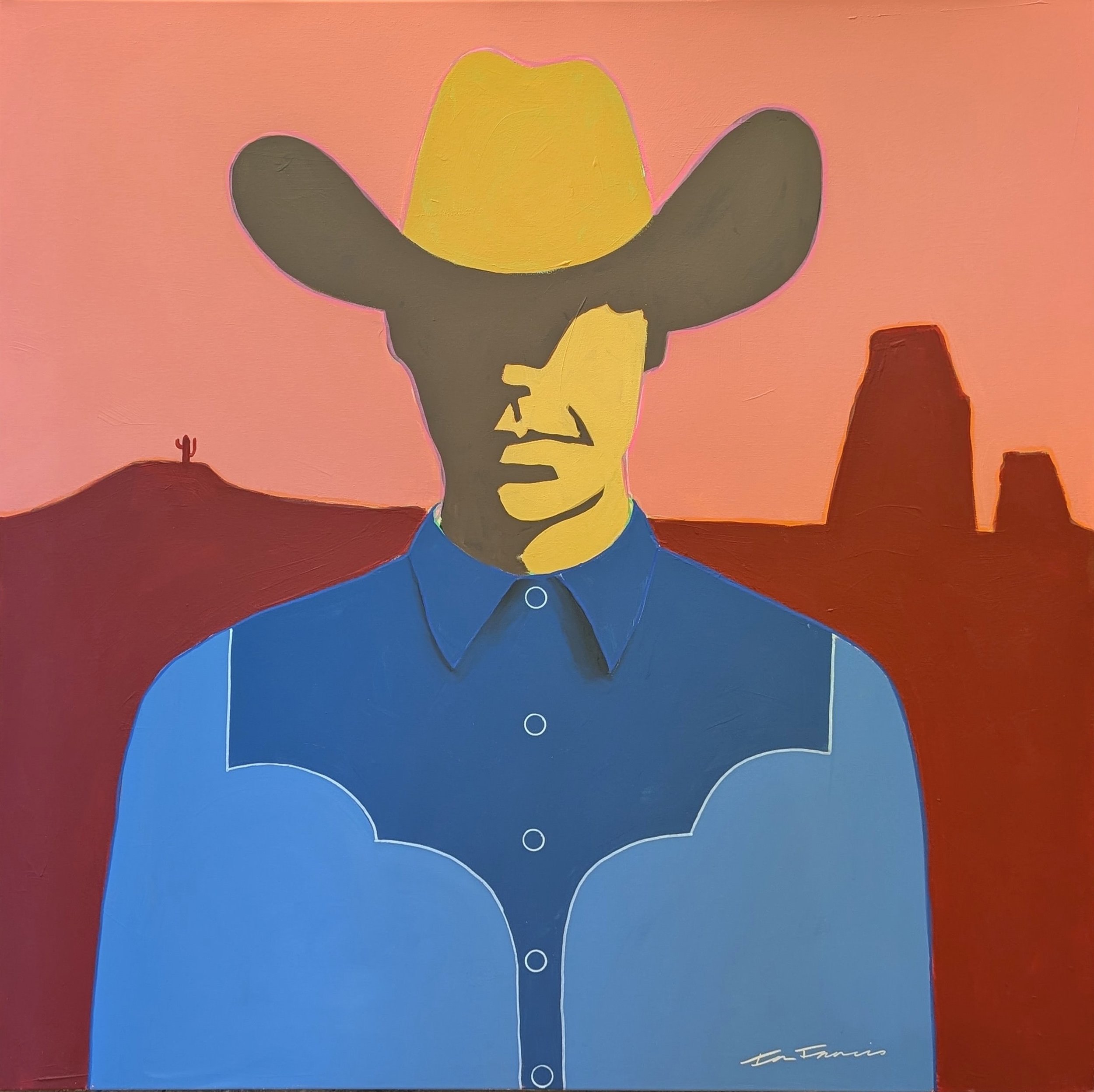 Abstract artwork featuring a stylized portrait of a person with short hair wearing a blue shirt, set against a background with desert mountains, rock formations, and a small cactus, all rendered in warm colors.