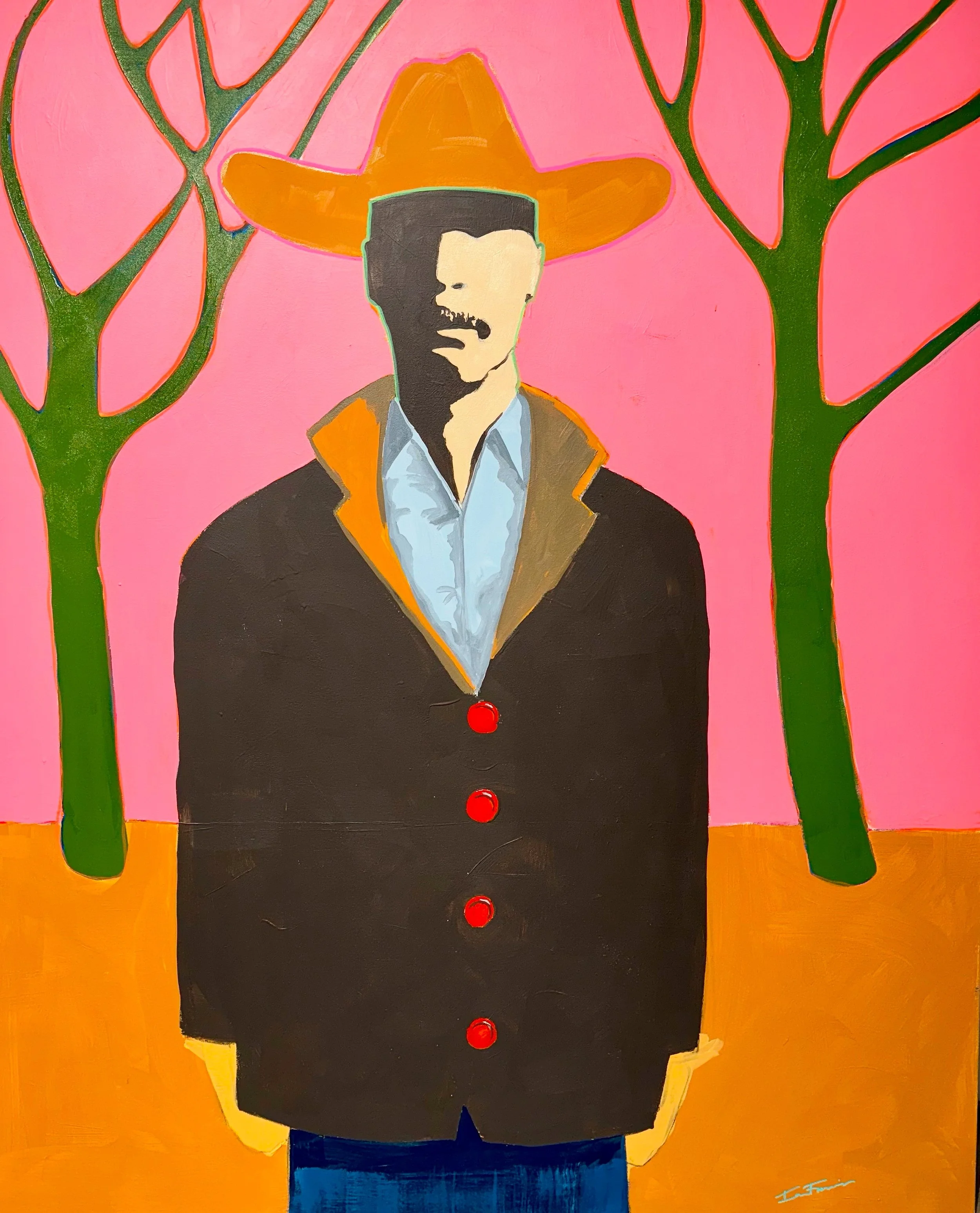An abstract, colorful portrait of a man wearing a large orange sombrero, a black coat with a yellow collar, and blue pants. The background is pink with green trees on either side.