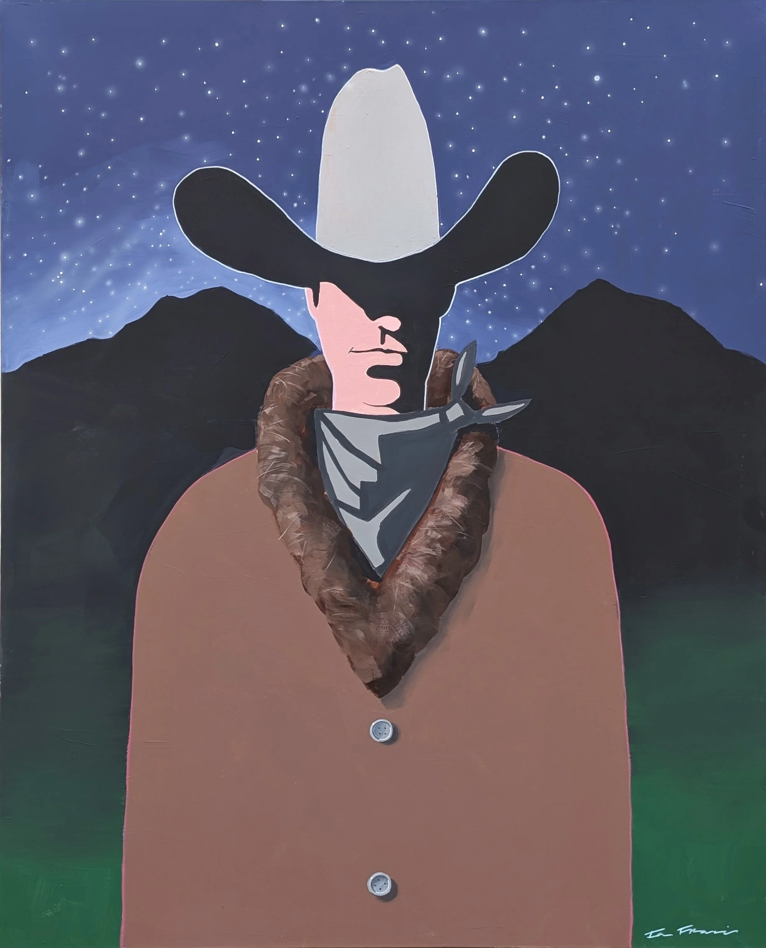 A chalkboard with a painted portrait of a man with a bandana, a cowboy hat, and a rounded nose. The background features a night sky with stars and mountain silhouettes. There are three buttons at the bottom of the chalkboard.