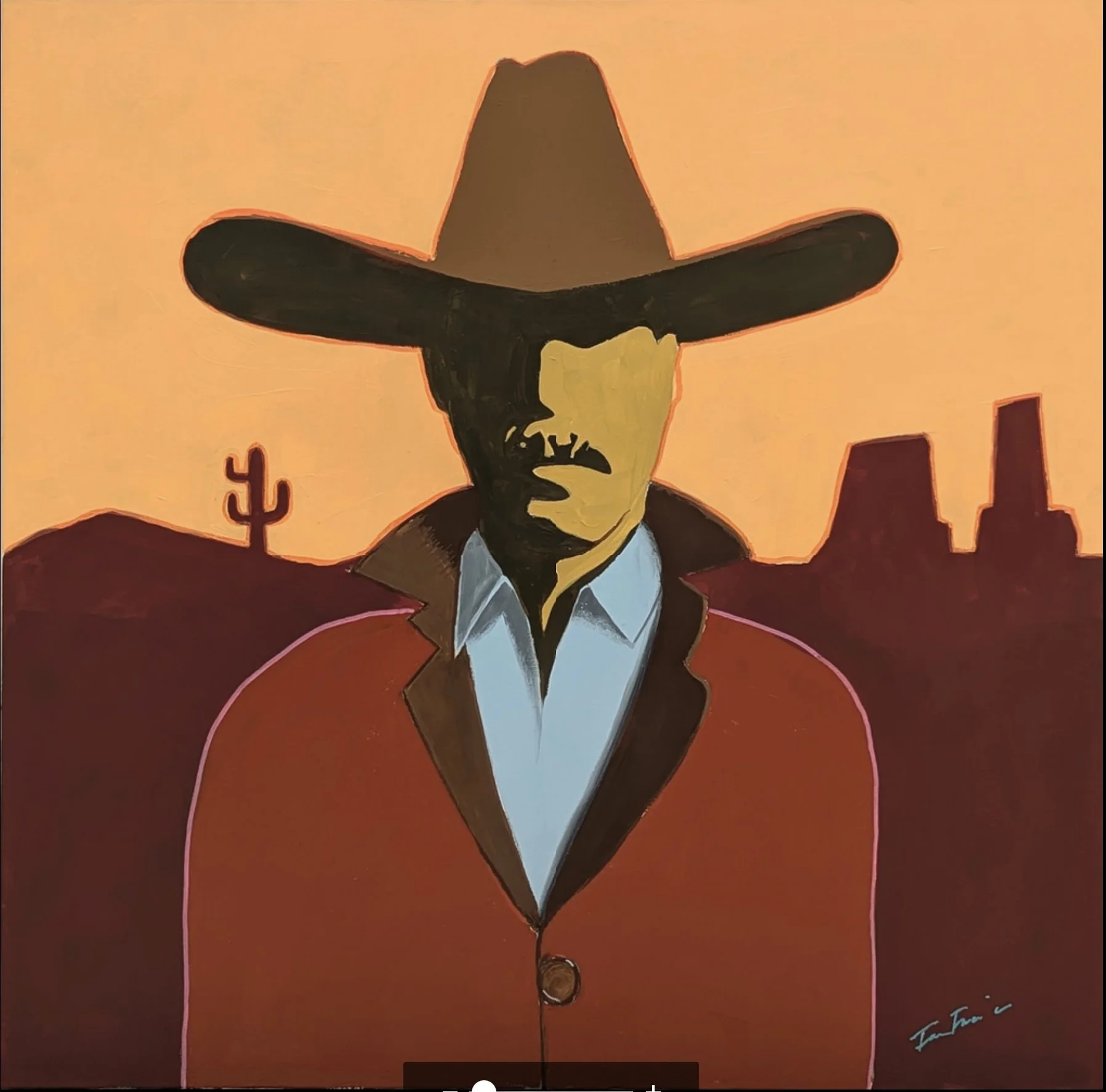 A stylized painting of a man wearing a large sombrero, a red jacket, and a white shirt, with a desert landscape in the background featuring a cacti and a city skyline.