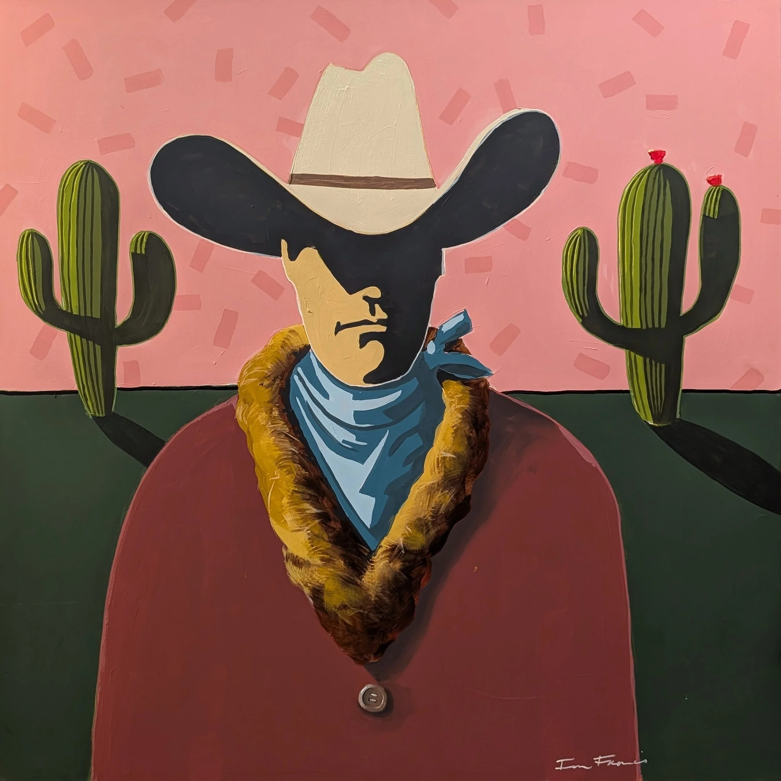 A painting of a person wearing a large white cowboy hat, with black hair and a dark goatee, surrounded by green cacti with red flowers on top, set against a pink background with scattered strip shapes.
