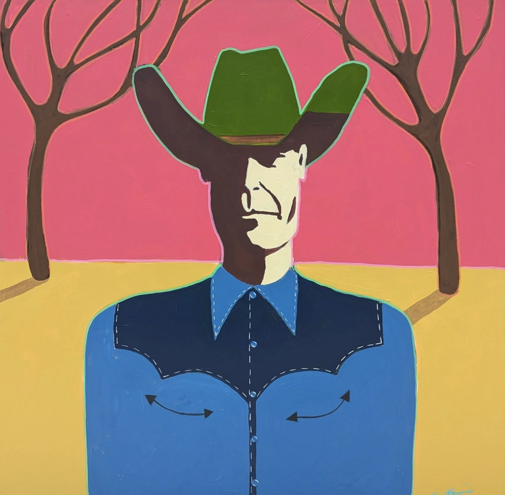 A colorful artwork depicting a man's face with branches on his head. The branches form a crown and are painted pink with black outlines, against a pink background. The man is dressed in a dark blue shirt with a collar, and a stylized butterfly-like shape overlays his chest. The art style is modern and abstract.