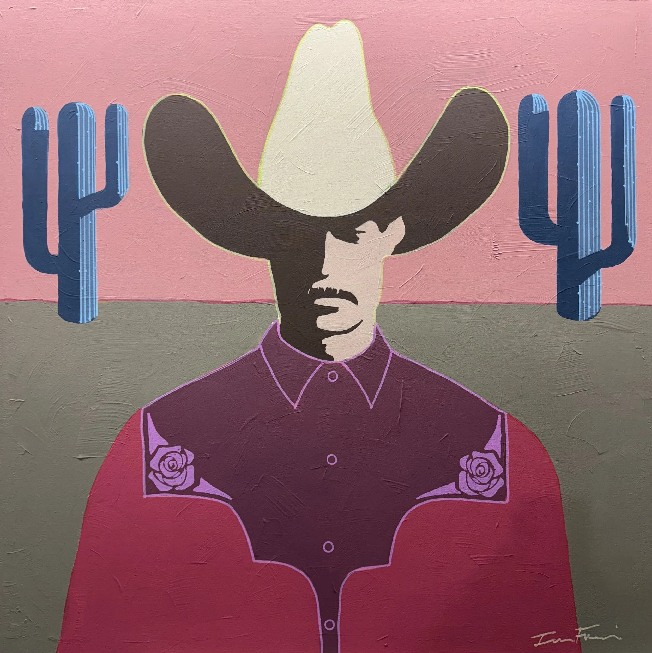 Street art featuring a stylized woman with flowers on her chest, her face partially hidden, flanked by two large blue hands on a pink background.