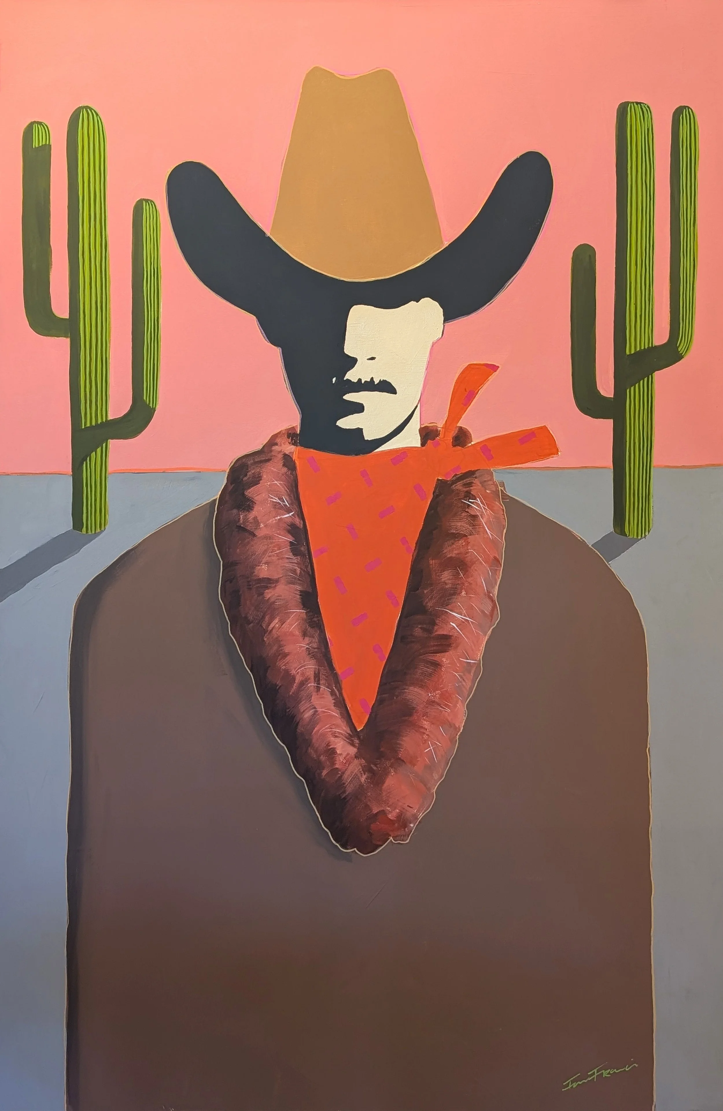 A painting of a person wearing a cowboy hat, a mustache, a red bandana, and a brown jacket, standing between two green cacti against a pink background.