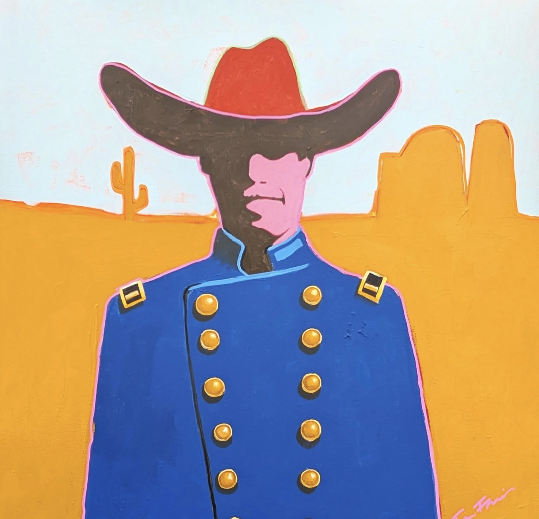 Colorful illustration of a person with dark skin wearing a blue jacket with gold buttons, a red hat, and a wide-brimmed black hat, set against a desert background with orange sand, cacti, and rock formations.