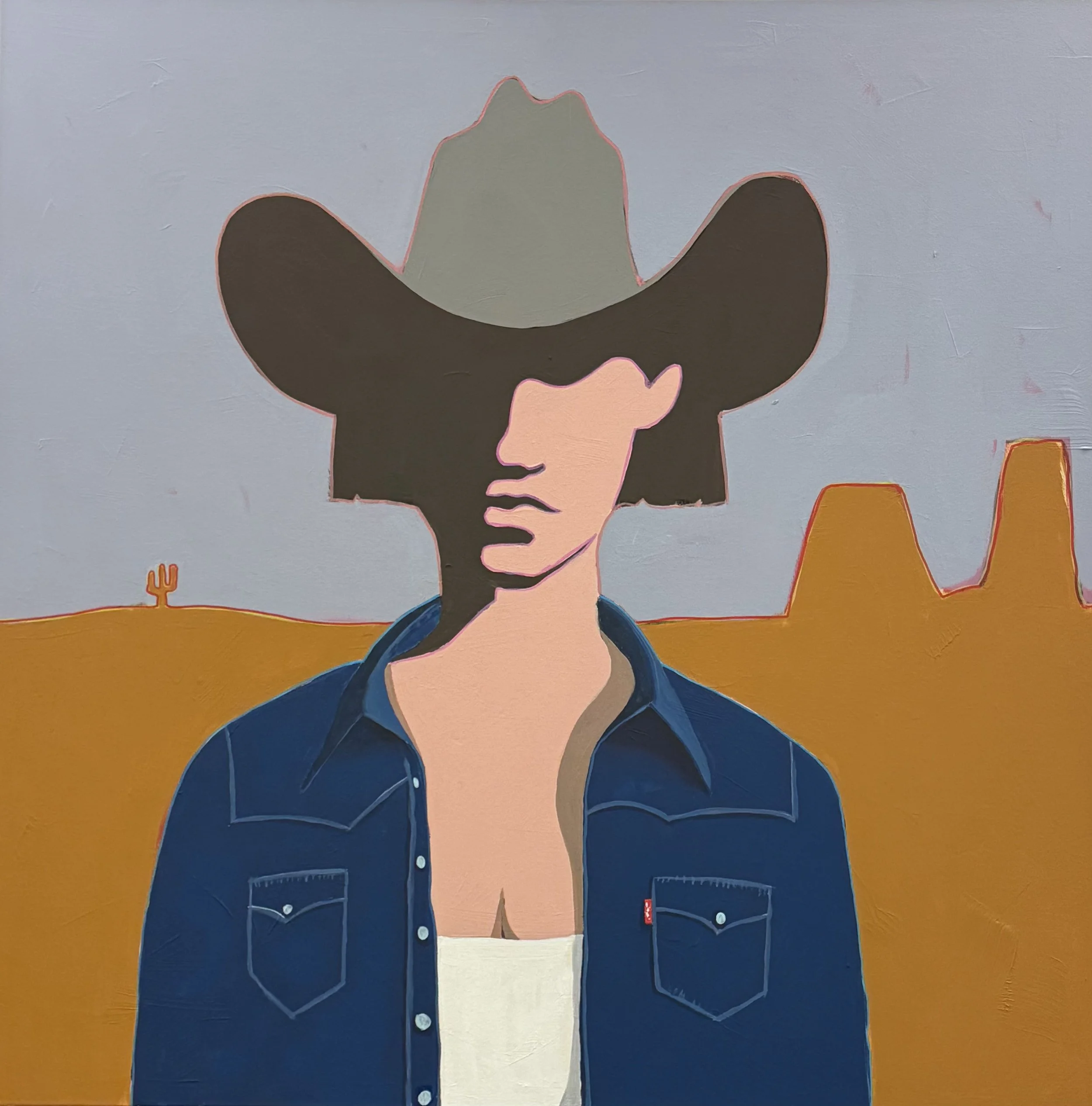 A stylized painting of a woman with short gray hair holding a glass, wearing a dark blue jacket over a light pink top, with a desert landscape in the background that includes a cactus and a reddish-orange sky.