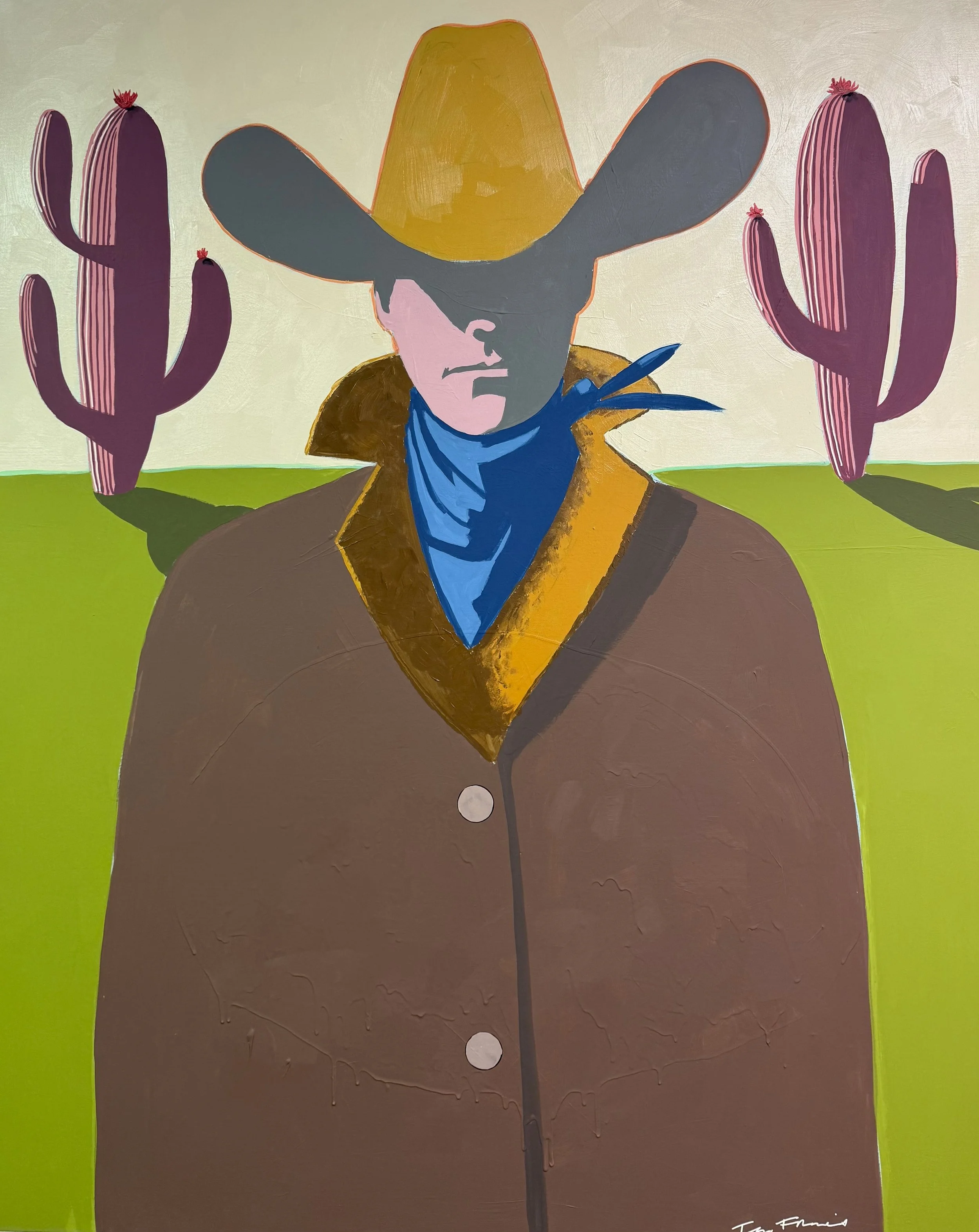 A colorful painting of a person wearing a cowboy hat, with cacti in the background, and a landscape with green grass and a pastel sky.