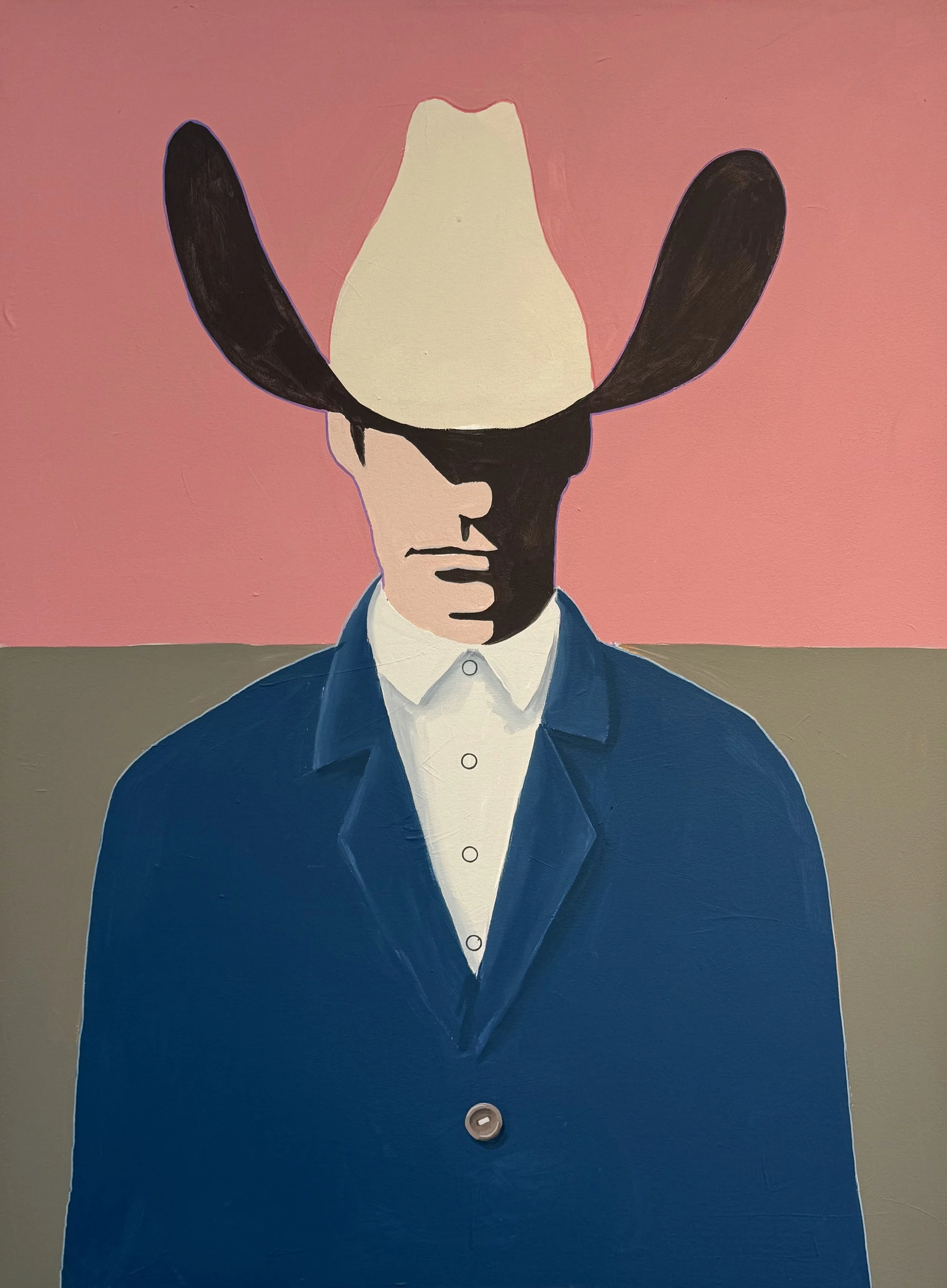 A painting of a person in a blue suit with a white shirt, with their face and head replaced by the image of a cone-shaped object with two large black leaves attached to it, resembling a plant or flower, set against a pink background.