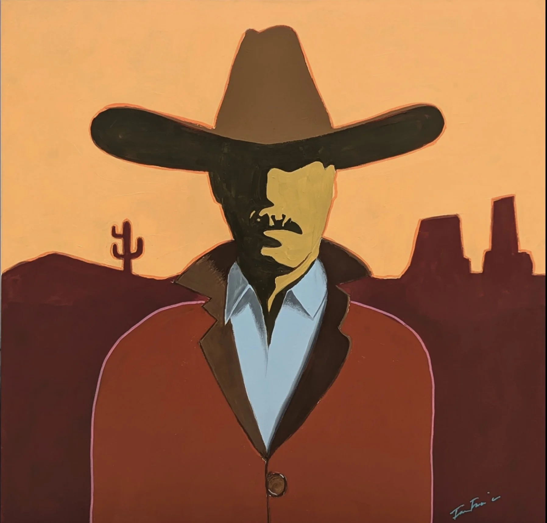 A stylized painting of a man with a mustache wearing a large sombrero, a red jacket, and a white shirt, set against a sunset desert background with cacti and rock formations.