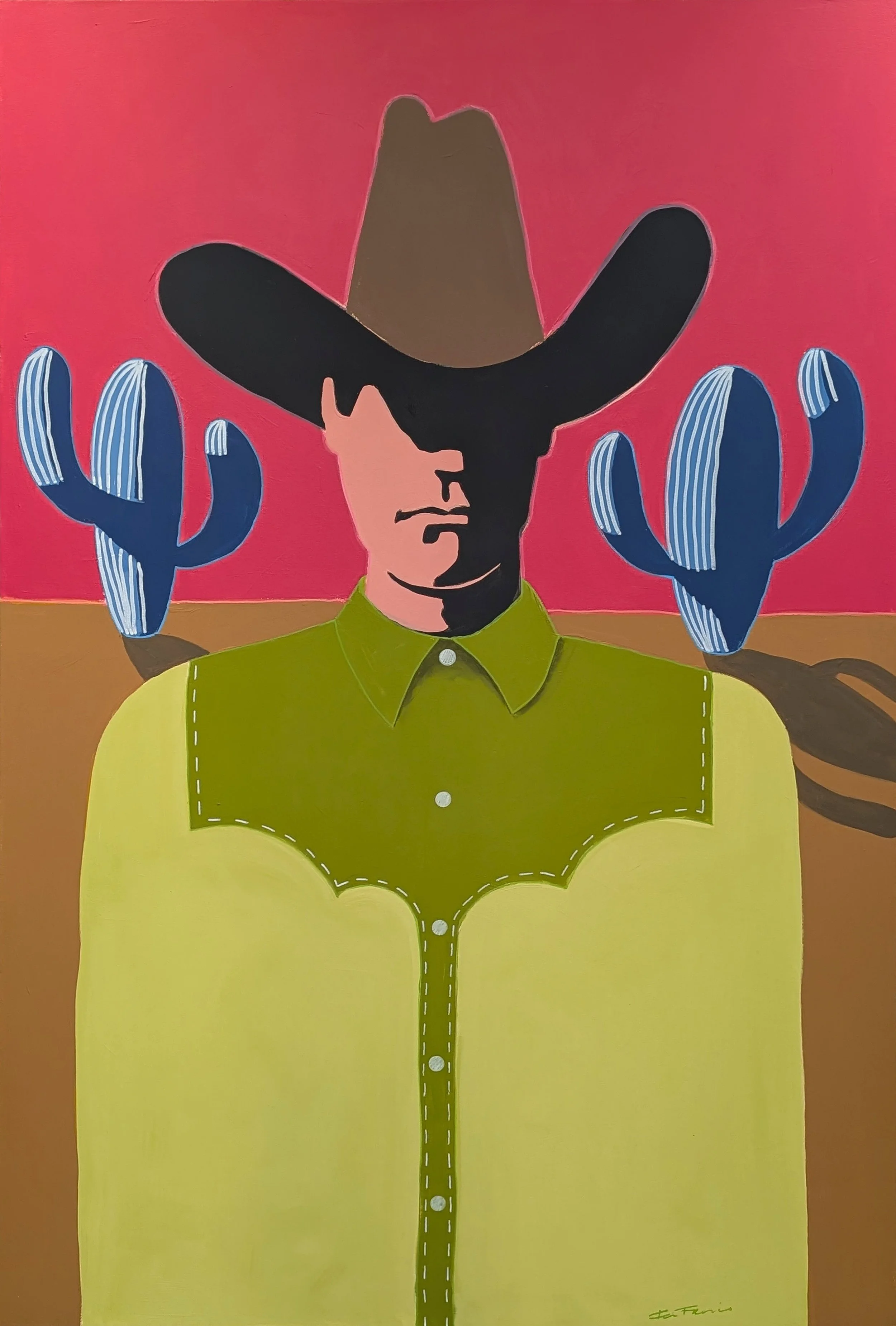 Stylized illustration of a person with a wide-brimmed hat, wearing a green shirt with a yellow apron, standing in front of a pink background with two blue cacti on either side.