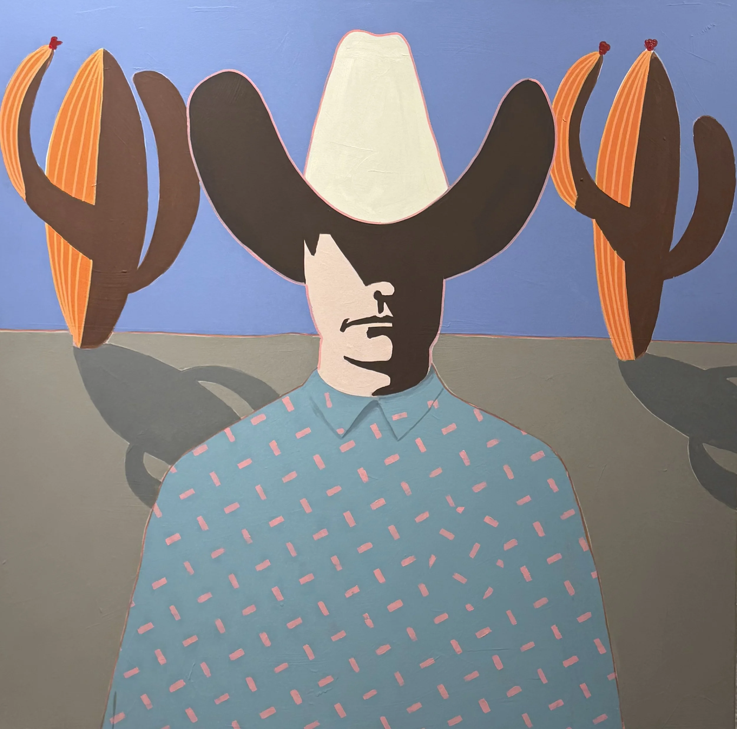 A colorful abstract collage featuring a woman's face with closed eyes, holding orange striped fans on both sides, set against a light blue background.