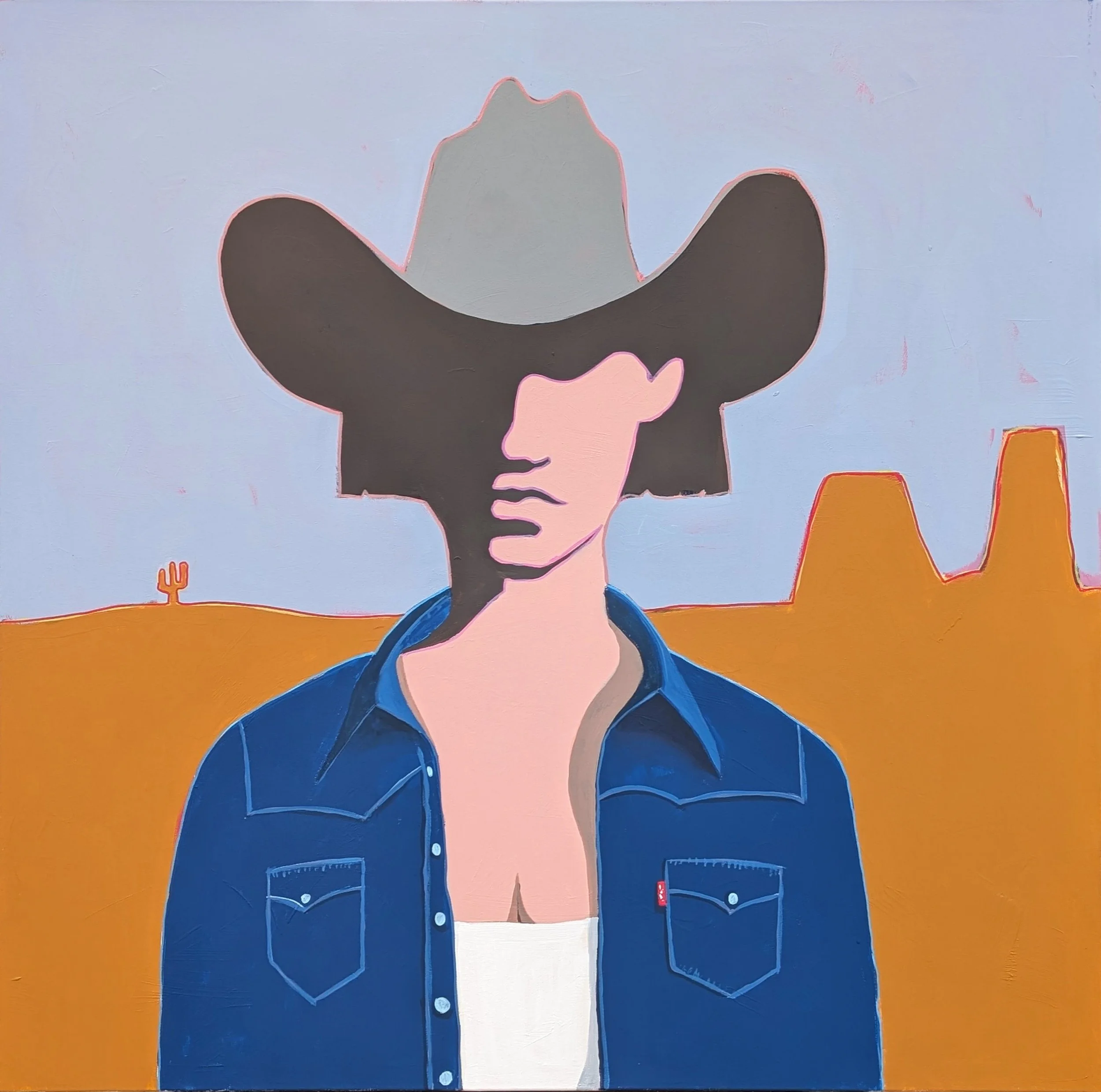 A colorful abstract painting of a cowboy’s face with short dark hair, wearing a blue denim jacket, set against an orange background with a small tree and a few wine glasses.