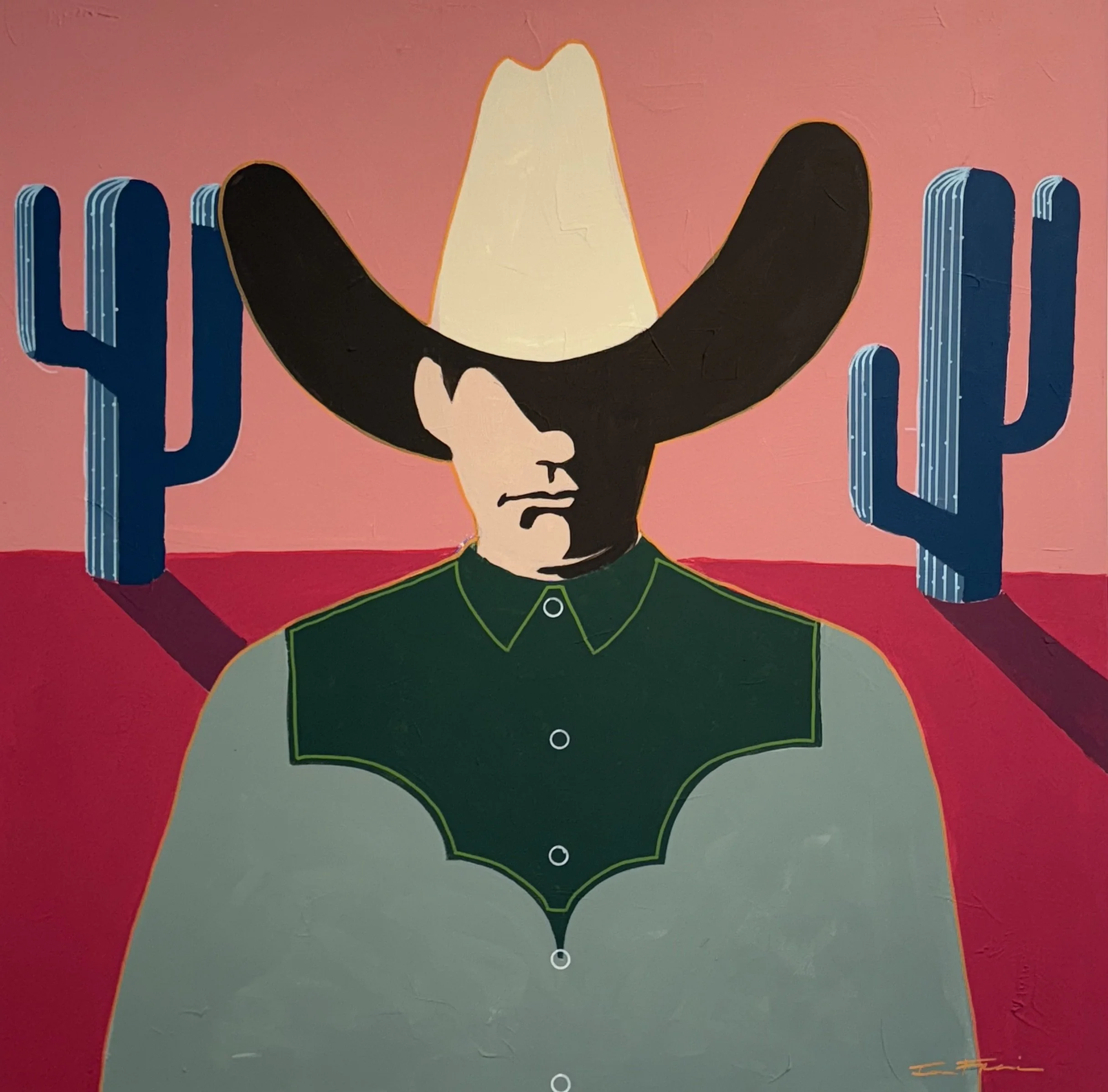 A stylized illustration of a woman's face with dark hair, green clothing, and her eyes closed. She is holding a large black hat with an orange outline over her head. The background is pink with blue and teal vertical lines on either side.