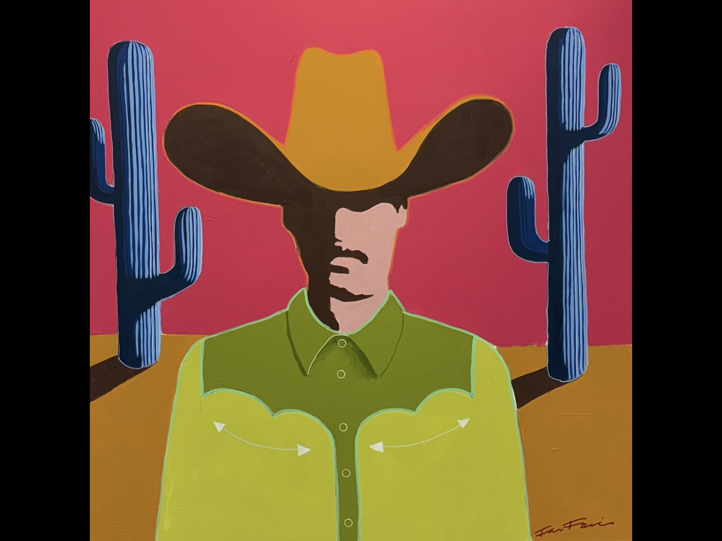 A colorful painting of a person with dark skin and short hair, wearing a lime green shirt with short sleeves. The person's face is partially obscured by a yellow cowboy hat with a high crown and wide brim. The background is a vibrant pink with two tall blue cacti on either side of the person, featuring vertical ridges and small arms.